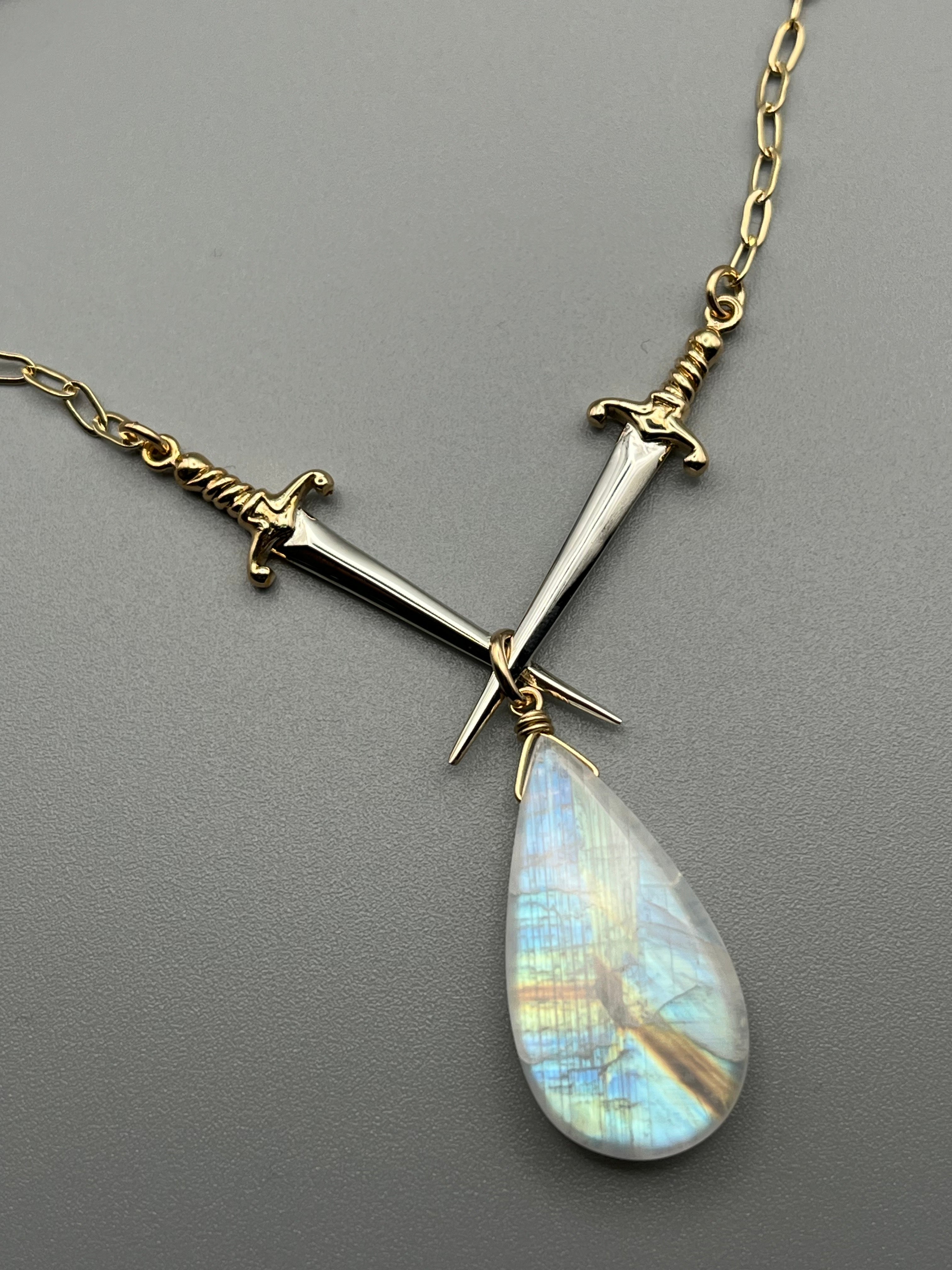 •VALOR• rainbow moonstone + mixed metal dagger necklace (16"-18" long)