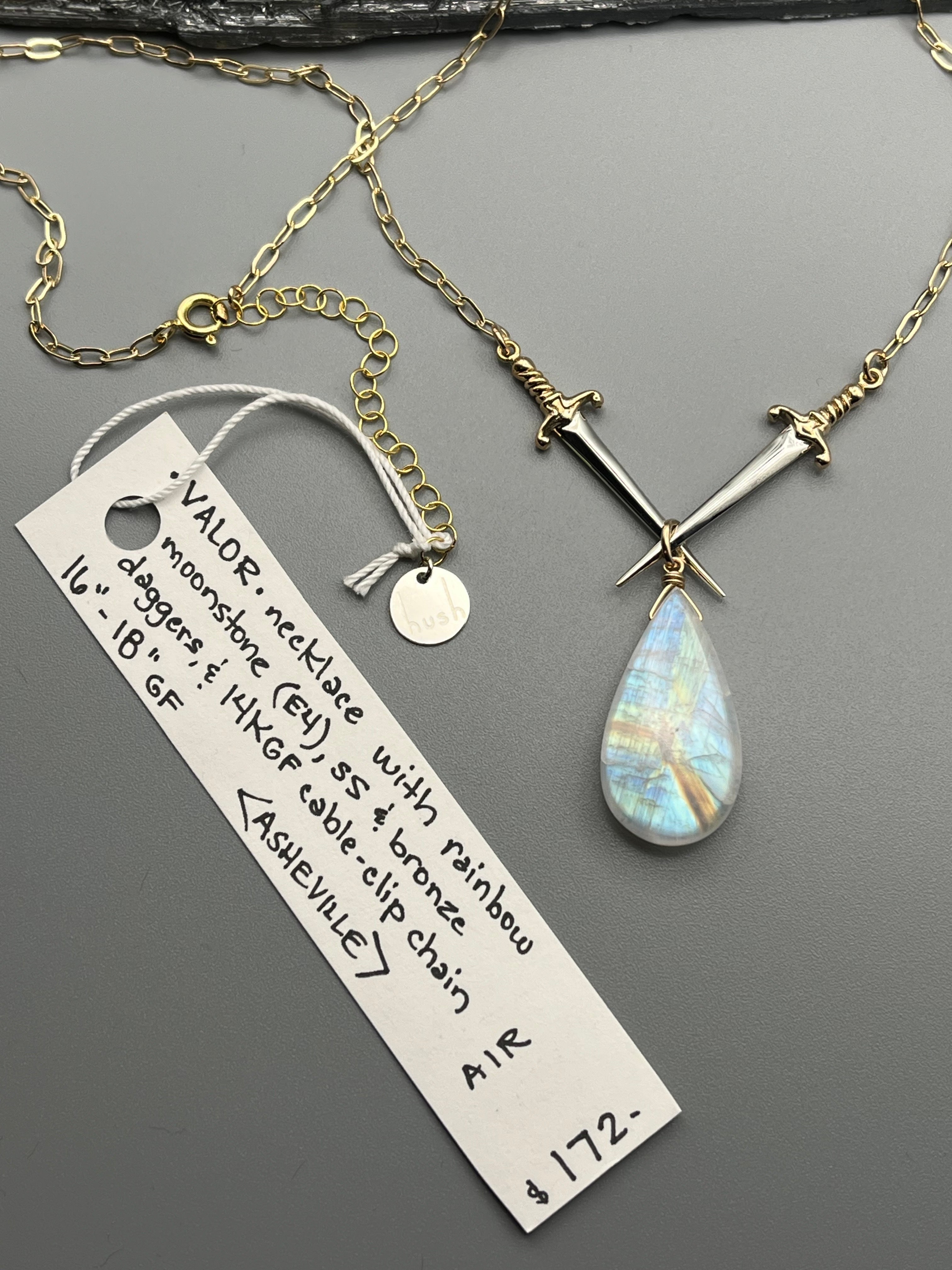 •VALOR• rainbow moonstone + mixed metal dagger necklace (16"-18" long)