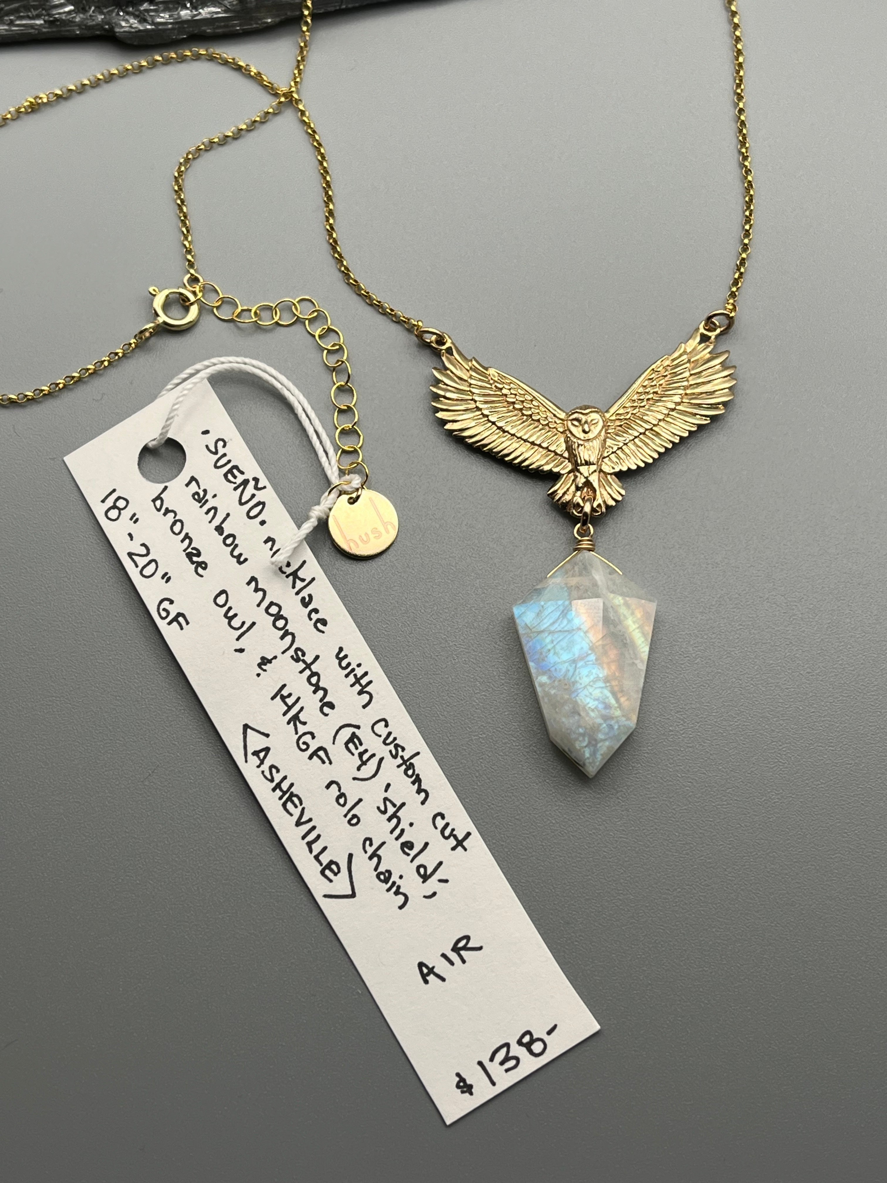 •SUEÑO• rainbow moonstone + mixed metal owl necklace (18"-20" long)