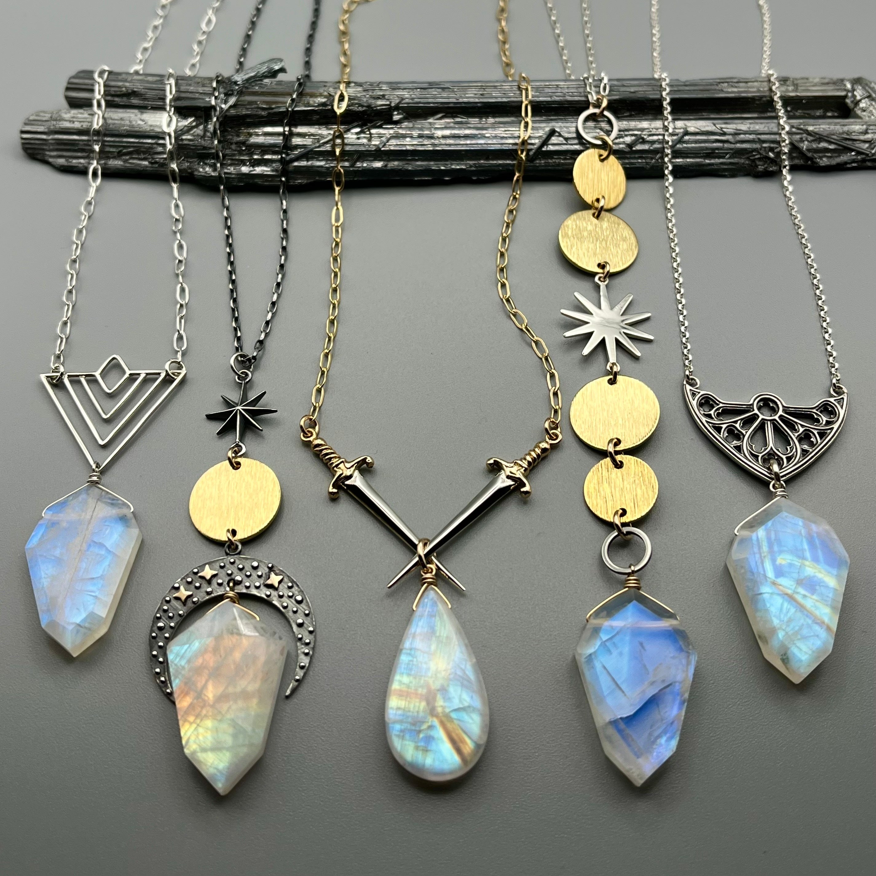 •VALOR• rainbow moonstone + mixed metal dagger necklace (16"-18" long)