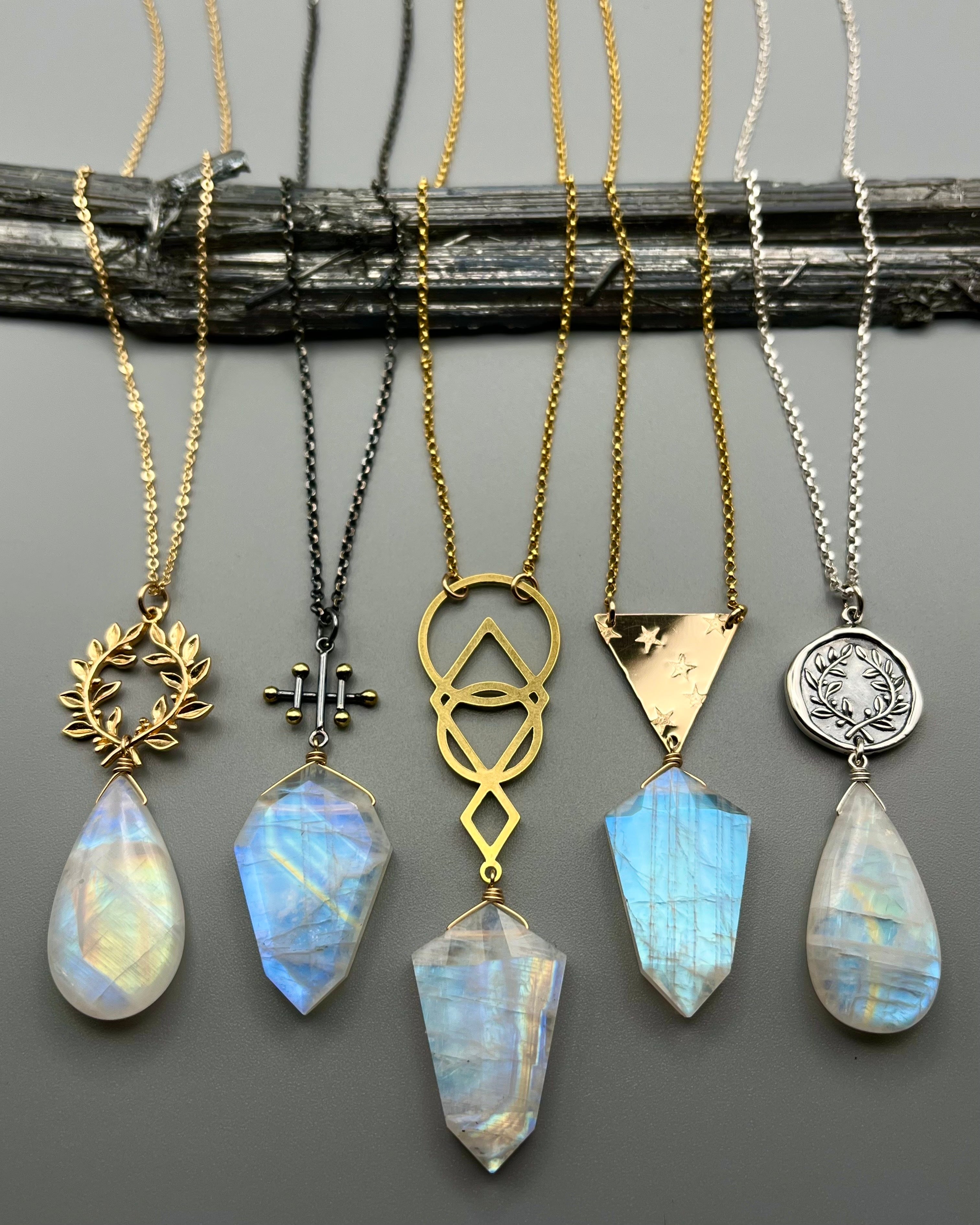•ALCHEMY• rainbow moonstone + laurel leaves mixed metal necklace (28"-30" long)