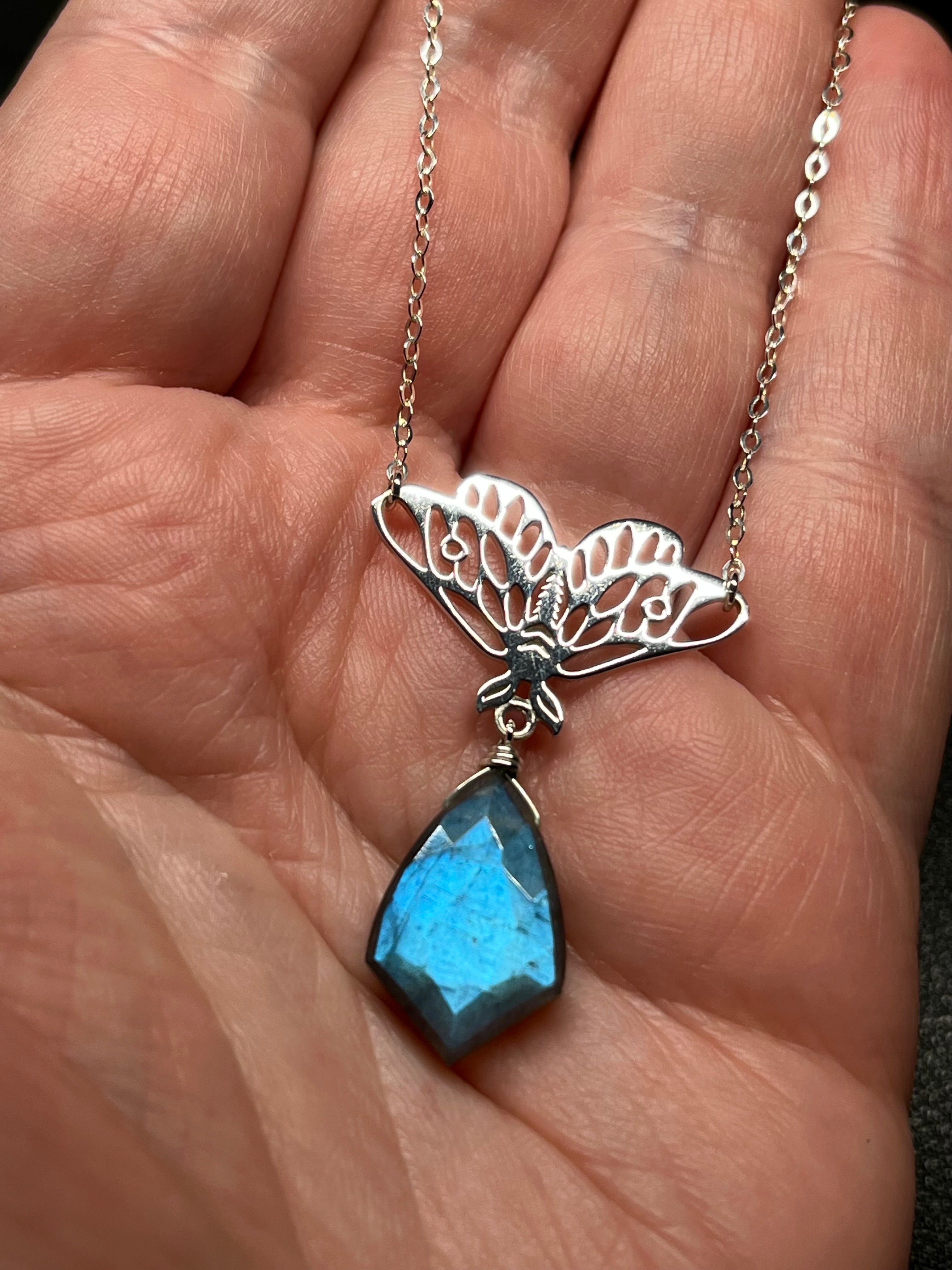 •GUIDE• labradorite + moth + silver necklace (18"-20")