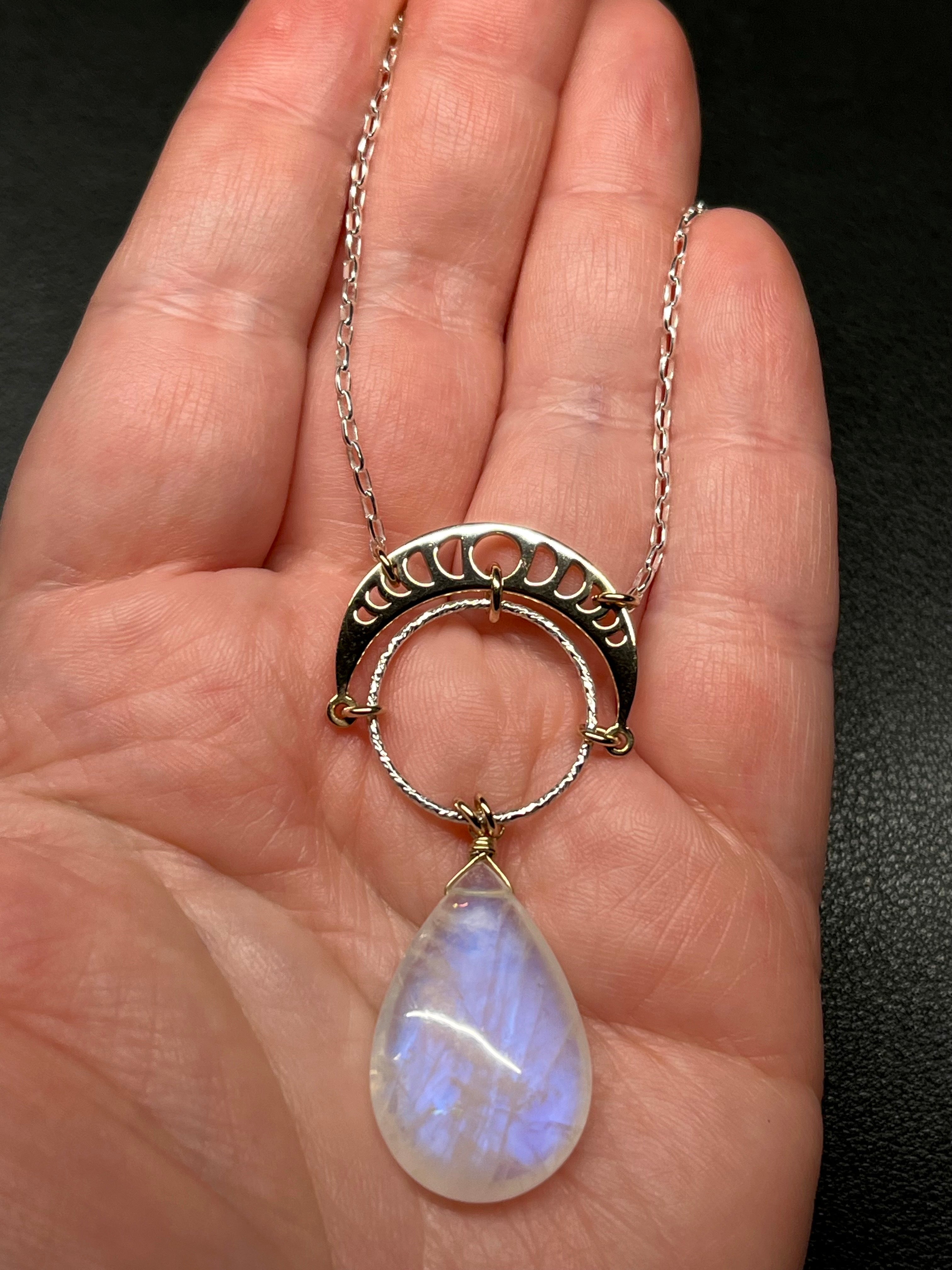 •NYX• rainbow moonstone + moon + mixed metal necklace (26"-28")