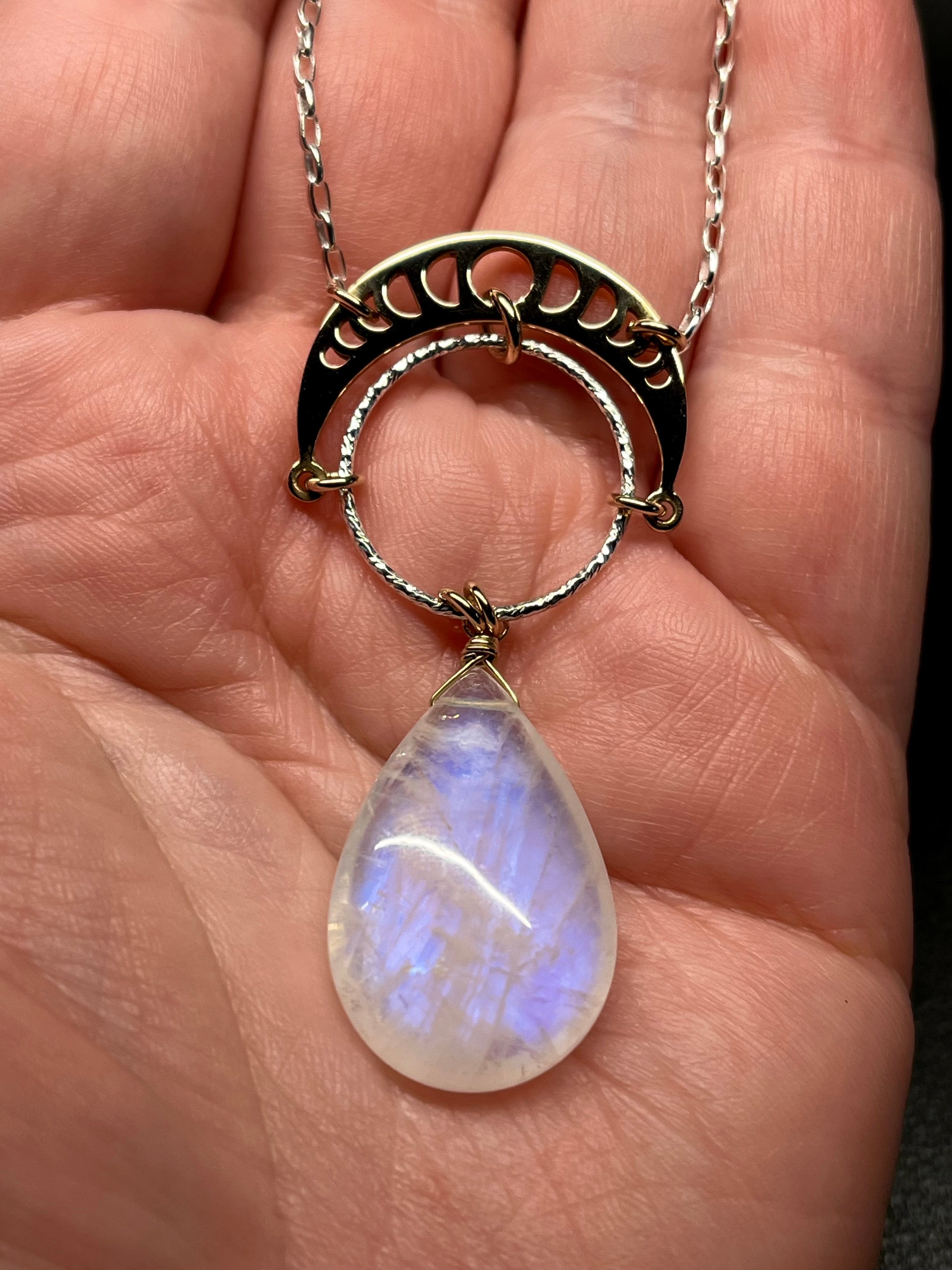 •NYX• rainbow moonstone + moon + mixed metal necklace (26"-28")