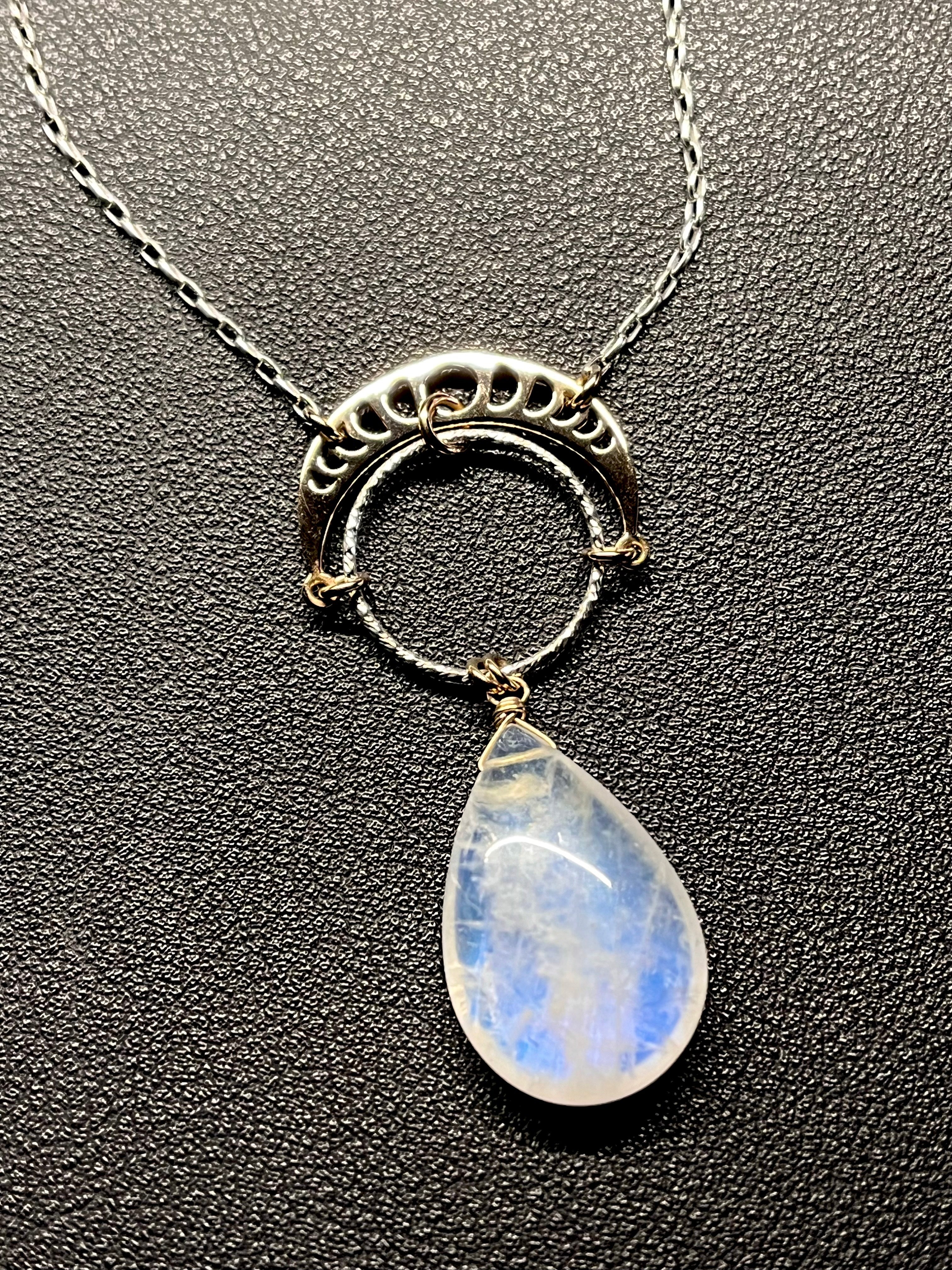 •NYX• rainbow moonstone + moon + mixed metal necklace (26"-28")