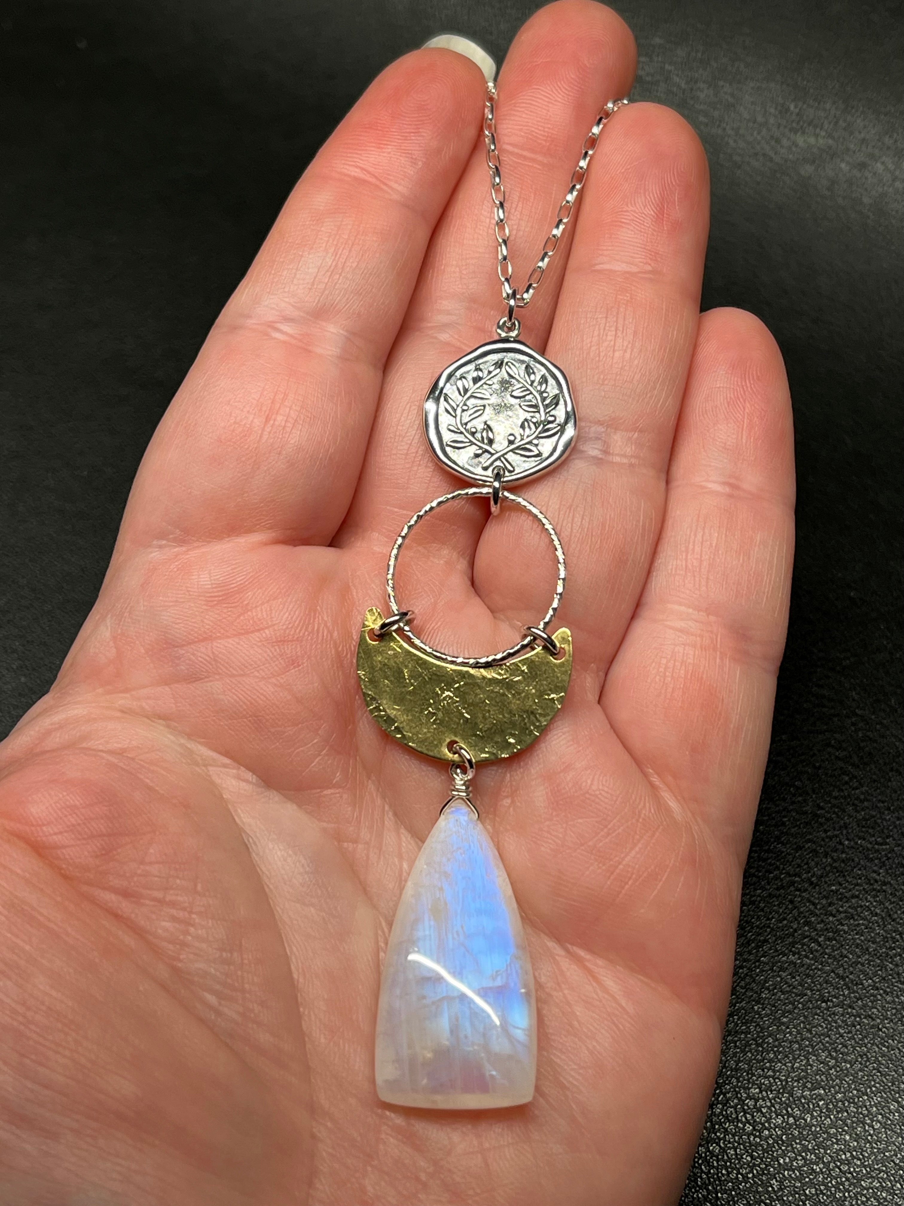 •TEND• rainbow moonstone + laurel coin + mixed metal necklace (26"-28")