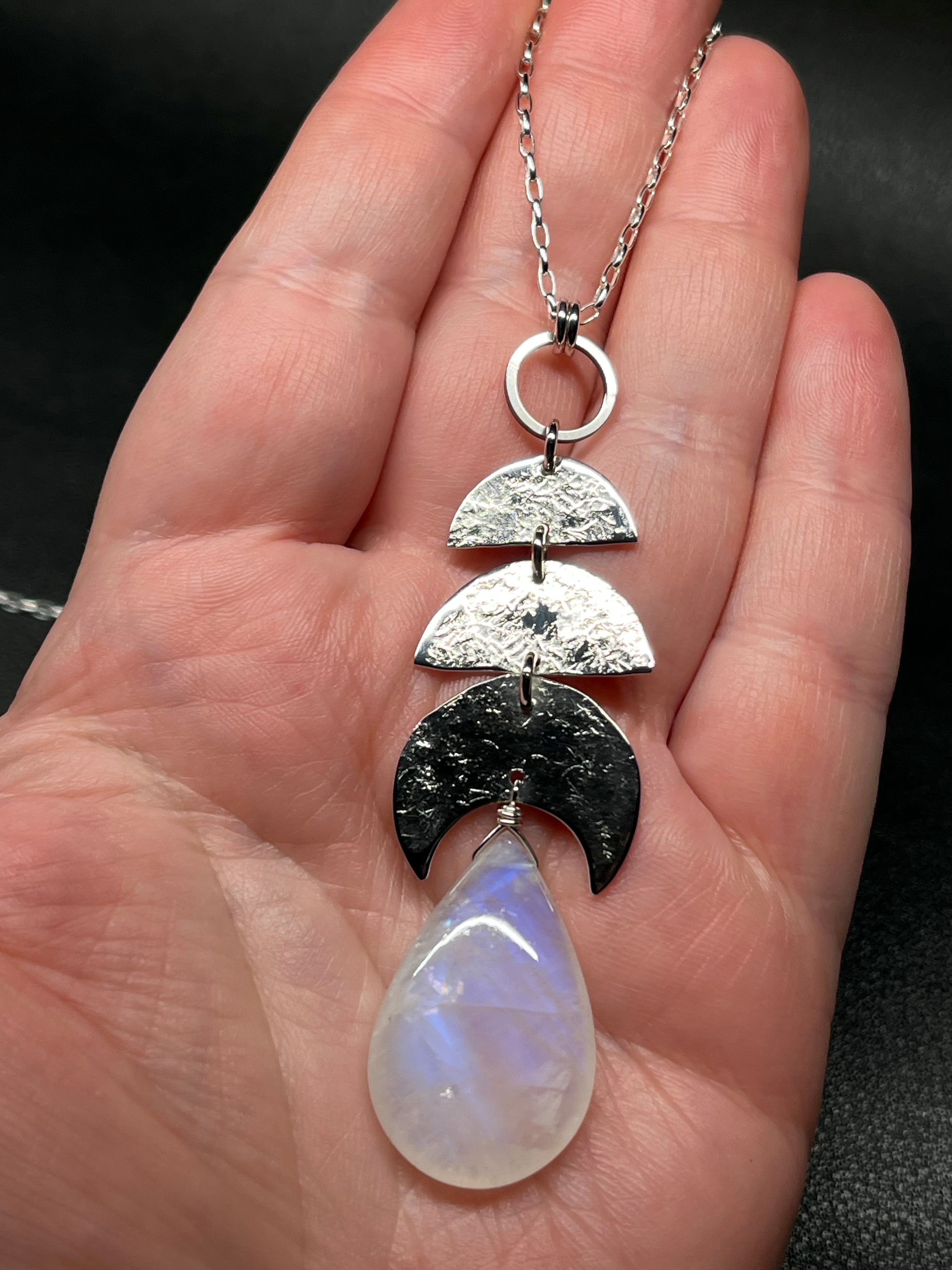 •NYX• rainbow moonstone + moon stack + silver necklace (26"-28")