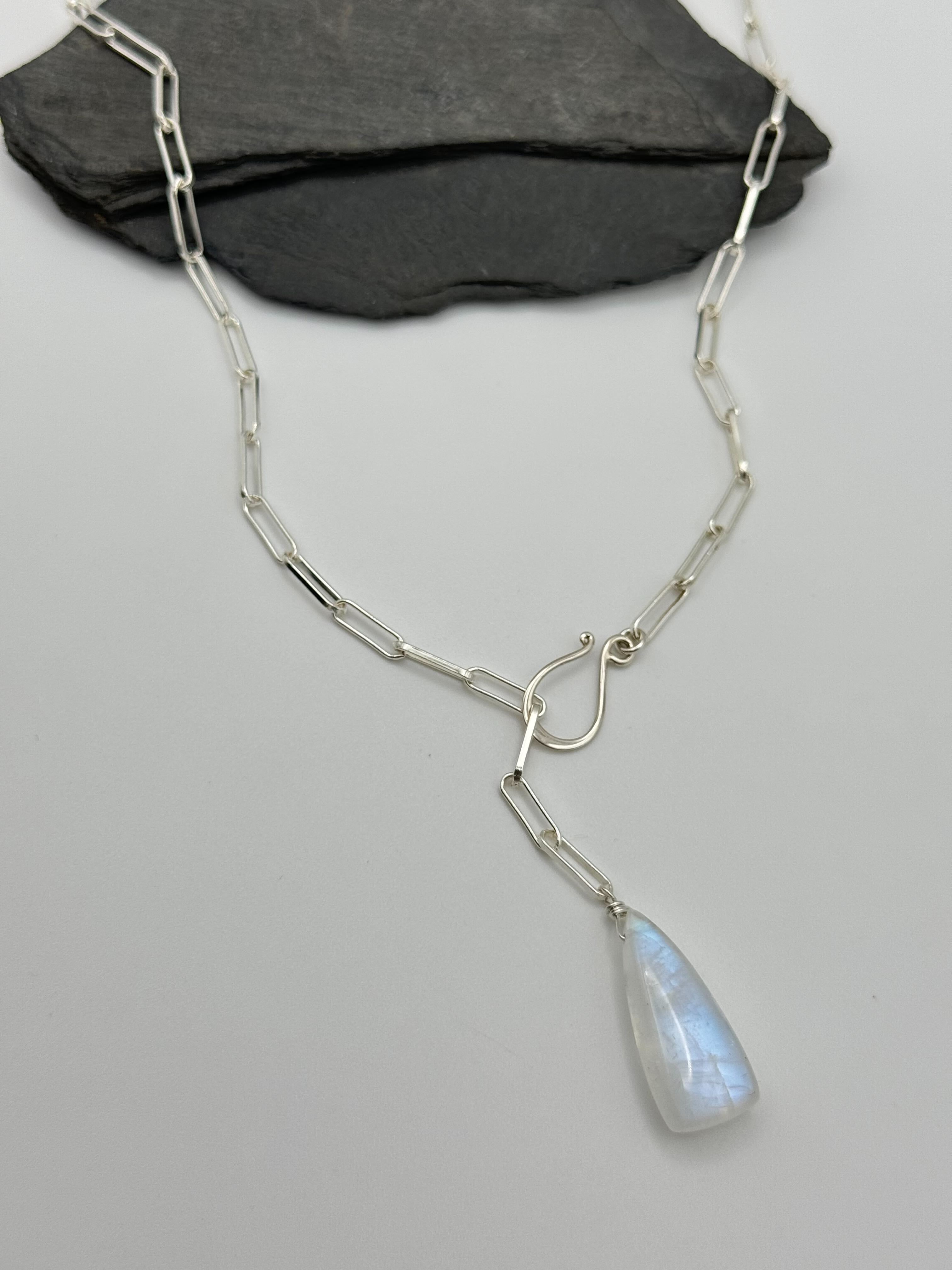 •LINKED• rainbow moonstone elongated triangle + silver necklace (ADJ to 20")