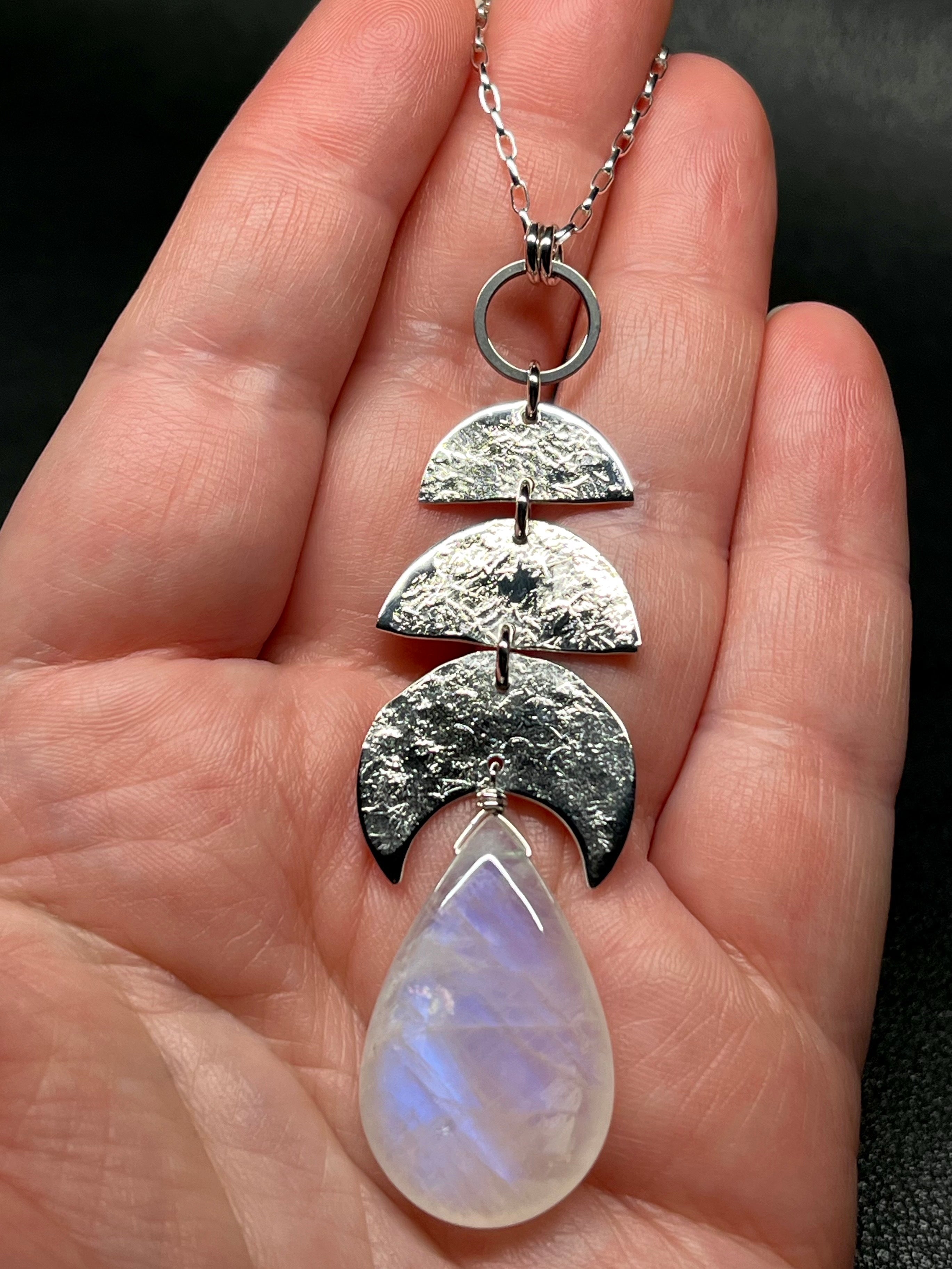 •NYX• rainbow moonstone + moon stack + silver necklace (26"-28")