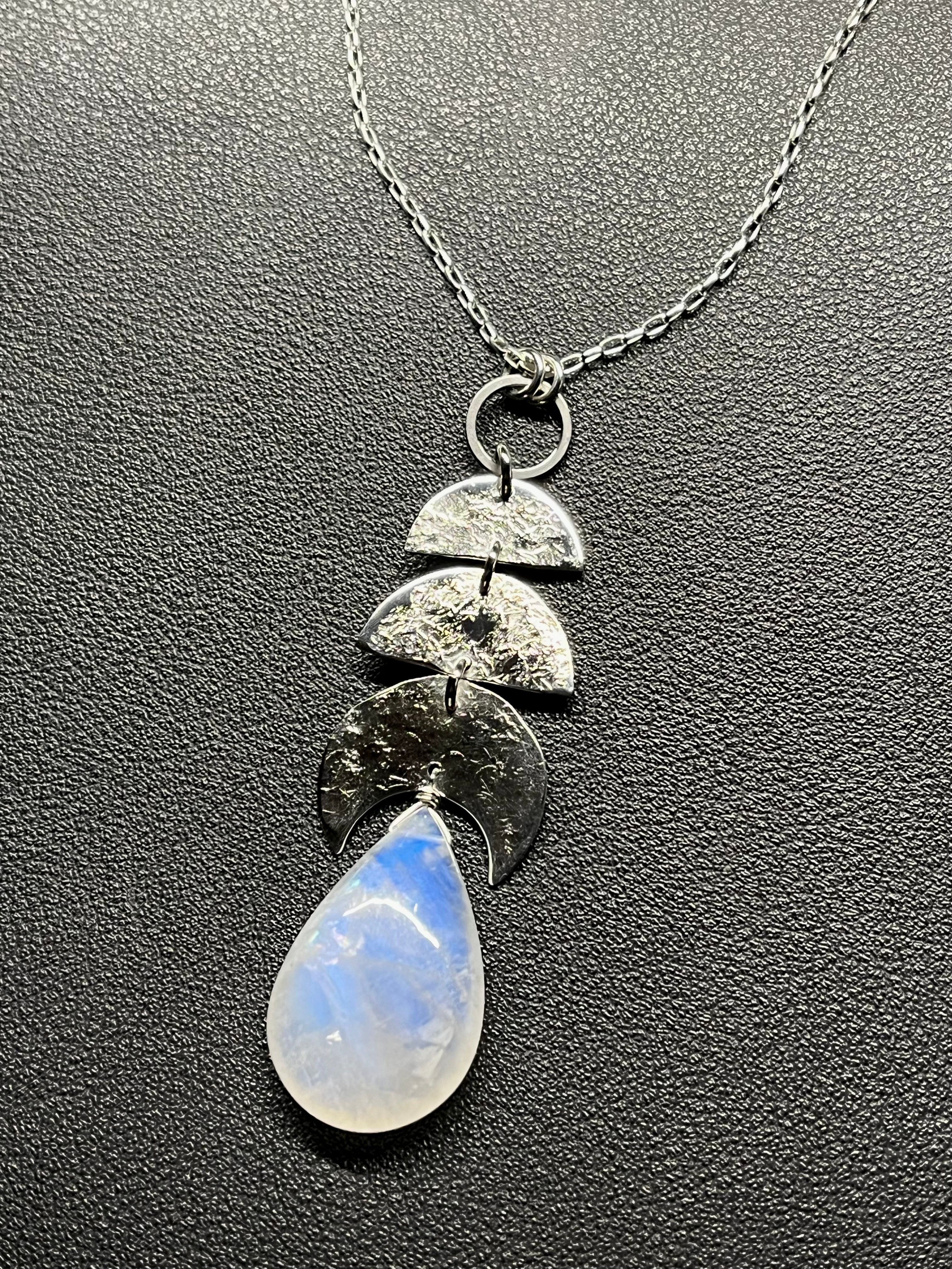 •NYX• rainbow moonstone + moon stack + silver necklace (26"-28")