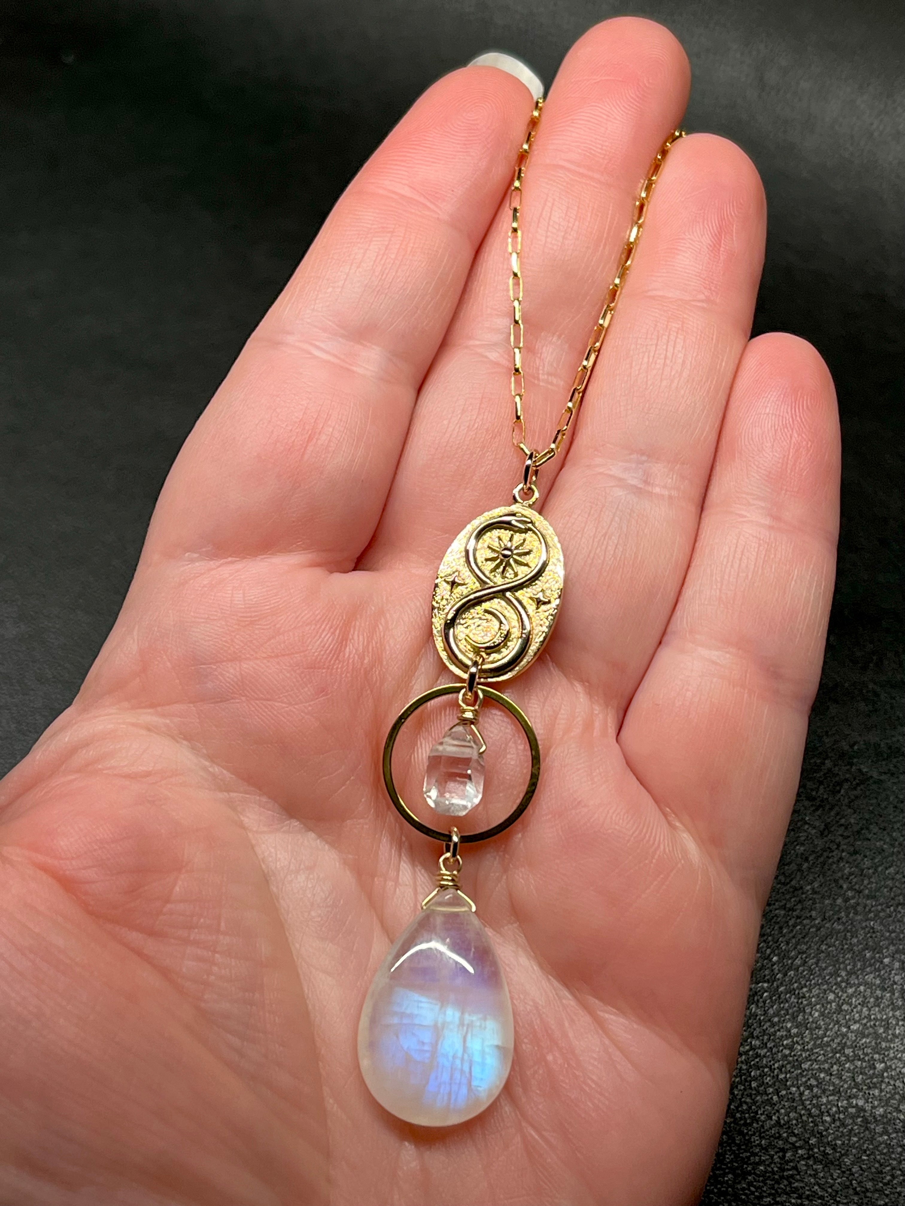 •SUEÑO• rainbow moonstone + herkimer + gold necklace (26"-28")