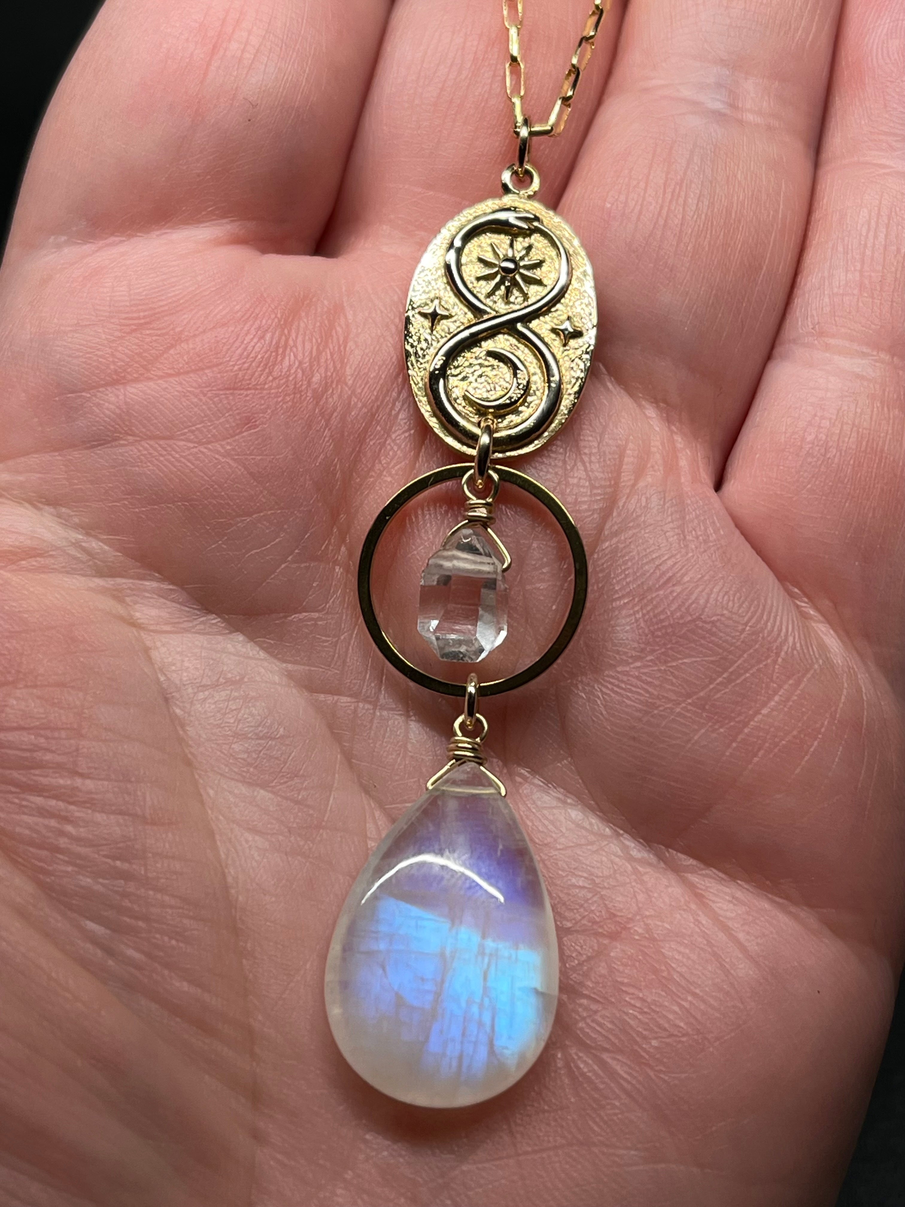 •SUEÑO• rainbow moonstone + herkimer + gold necklace (26"-28")