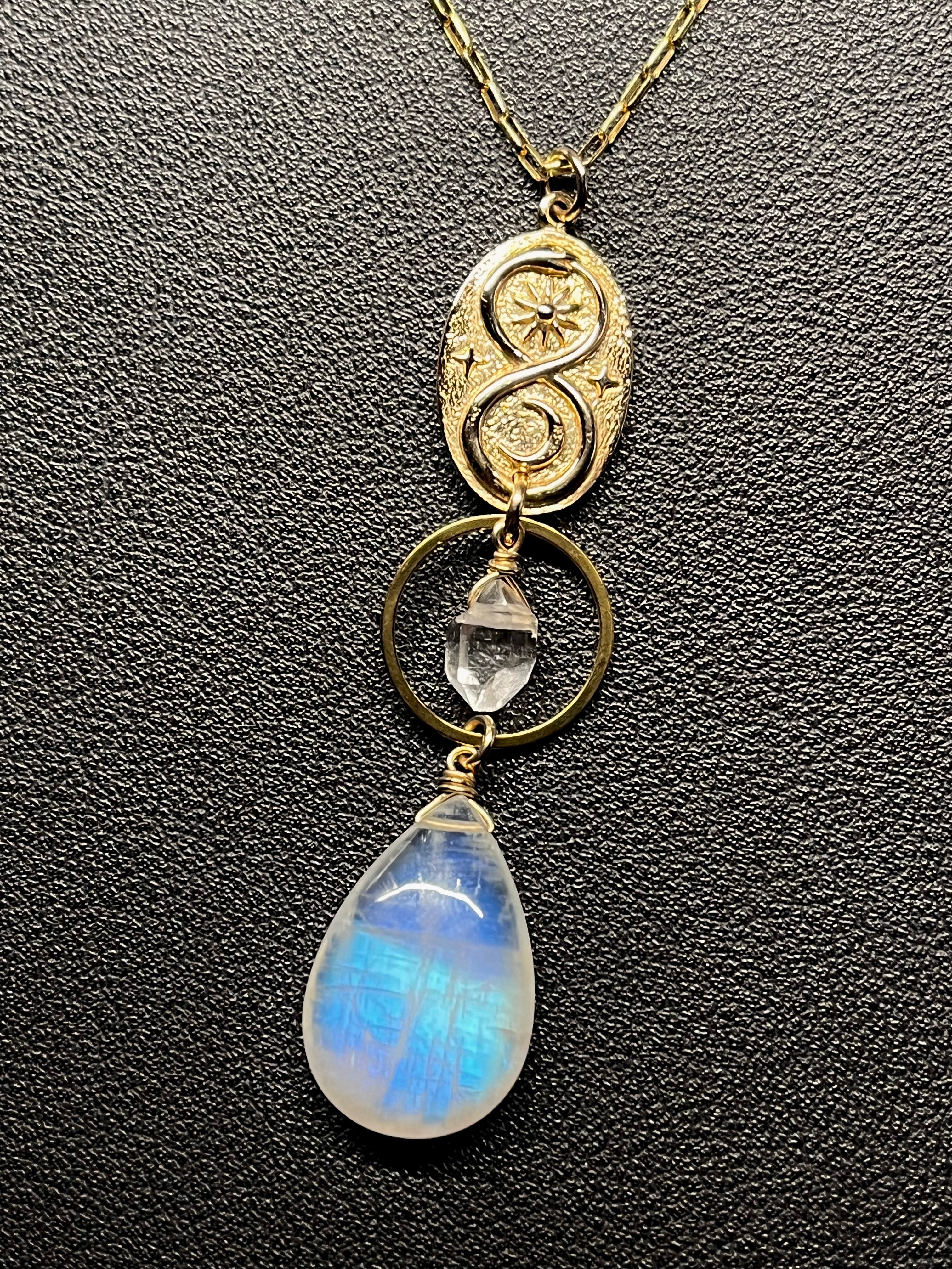 •SUEÑO• rainbow moonstone + herkimer + gold necklace (26"-28")