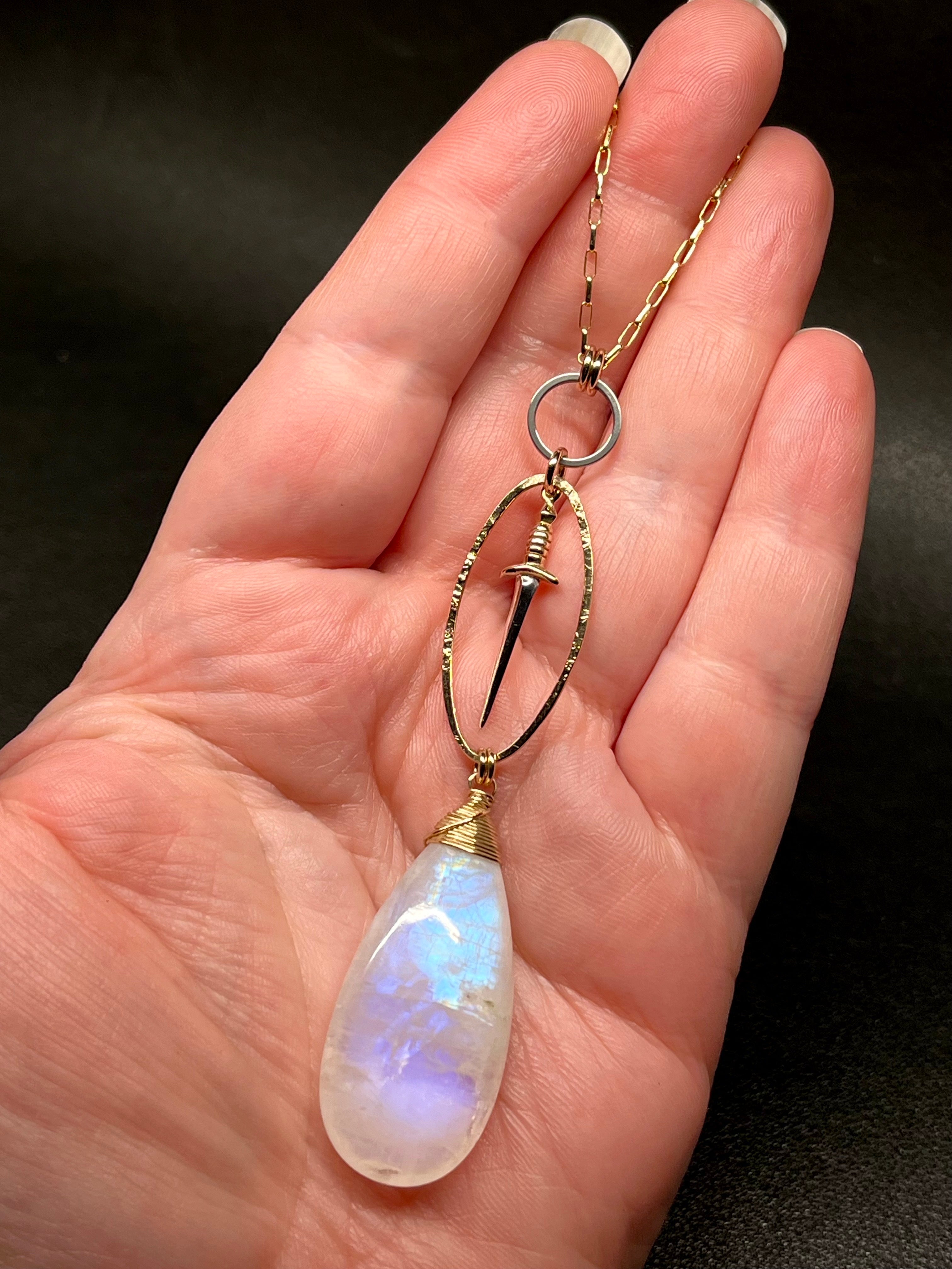 •NYX• rainbow moonstone + dagger + mixed metal necklace (28"-30")