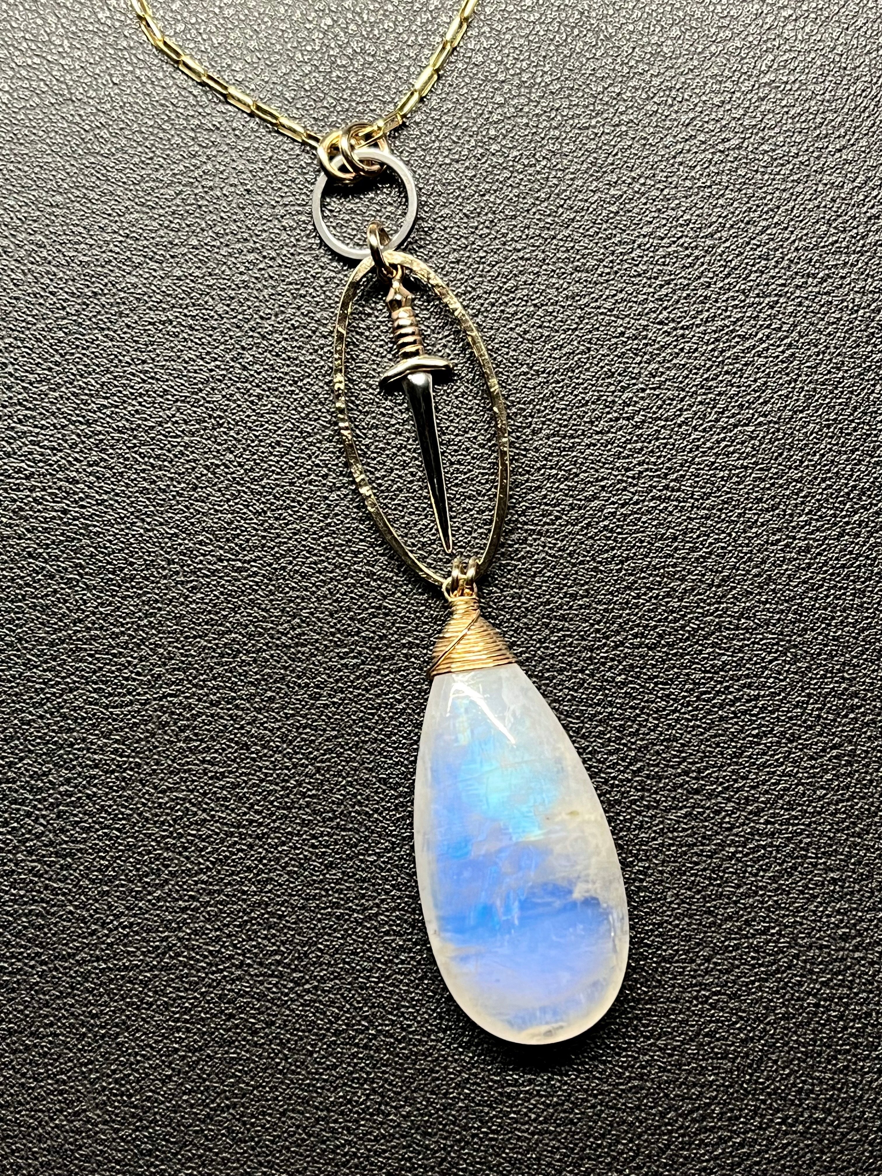 •NYX• rainbow moonstone + dagger + mixed metal necklace (28"-30")