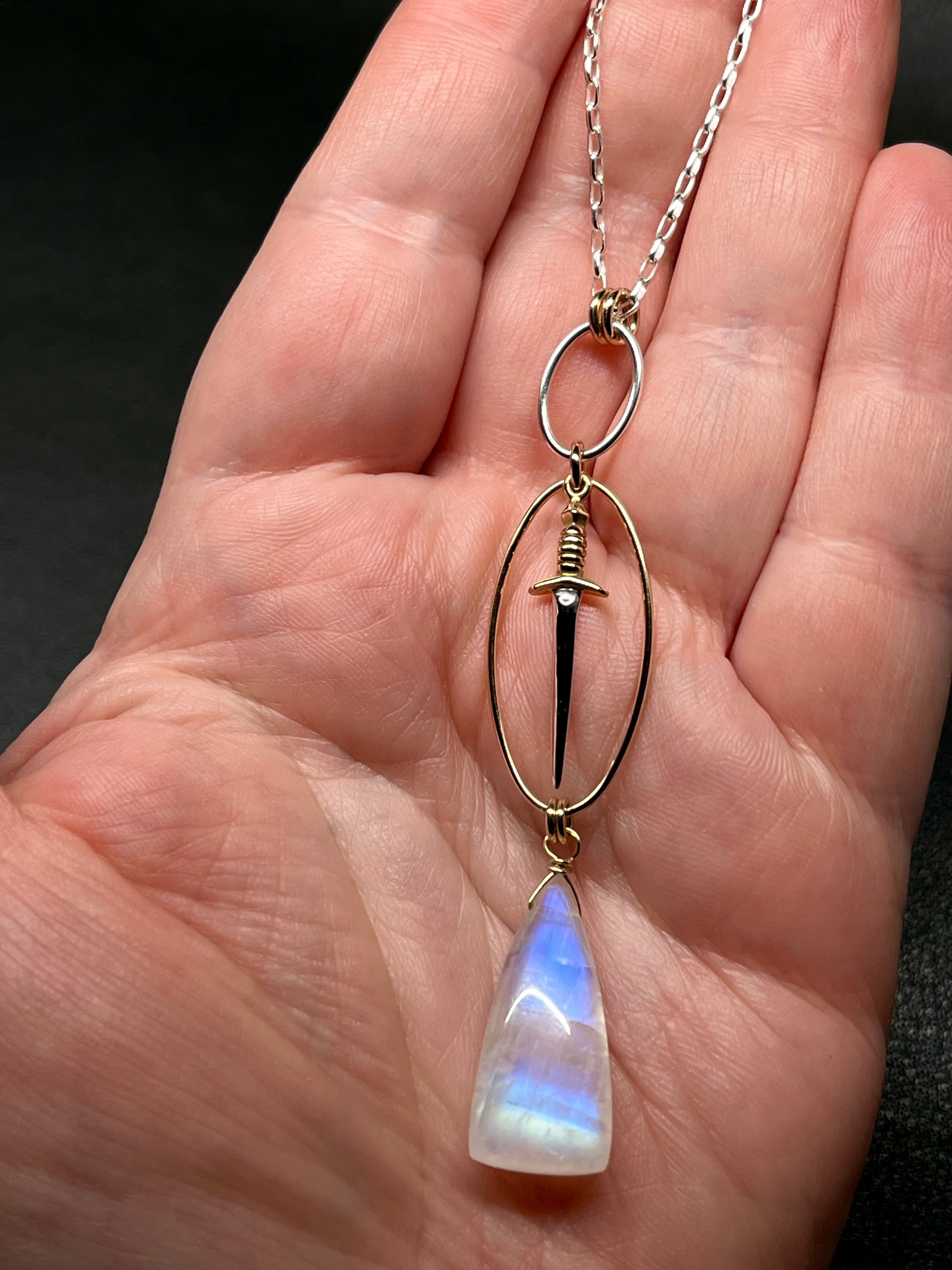 •NYX• rainbow moonstone + dagger + mixed metal necklace (26"-28")