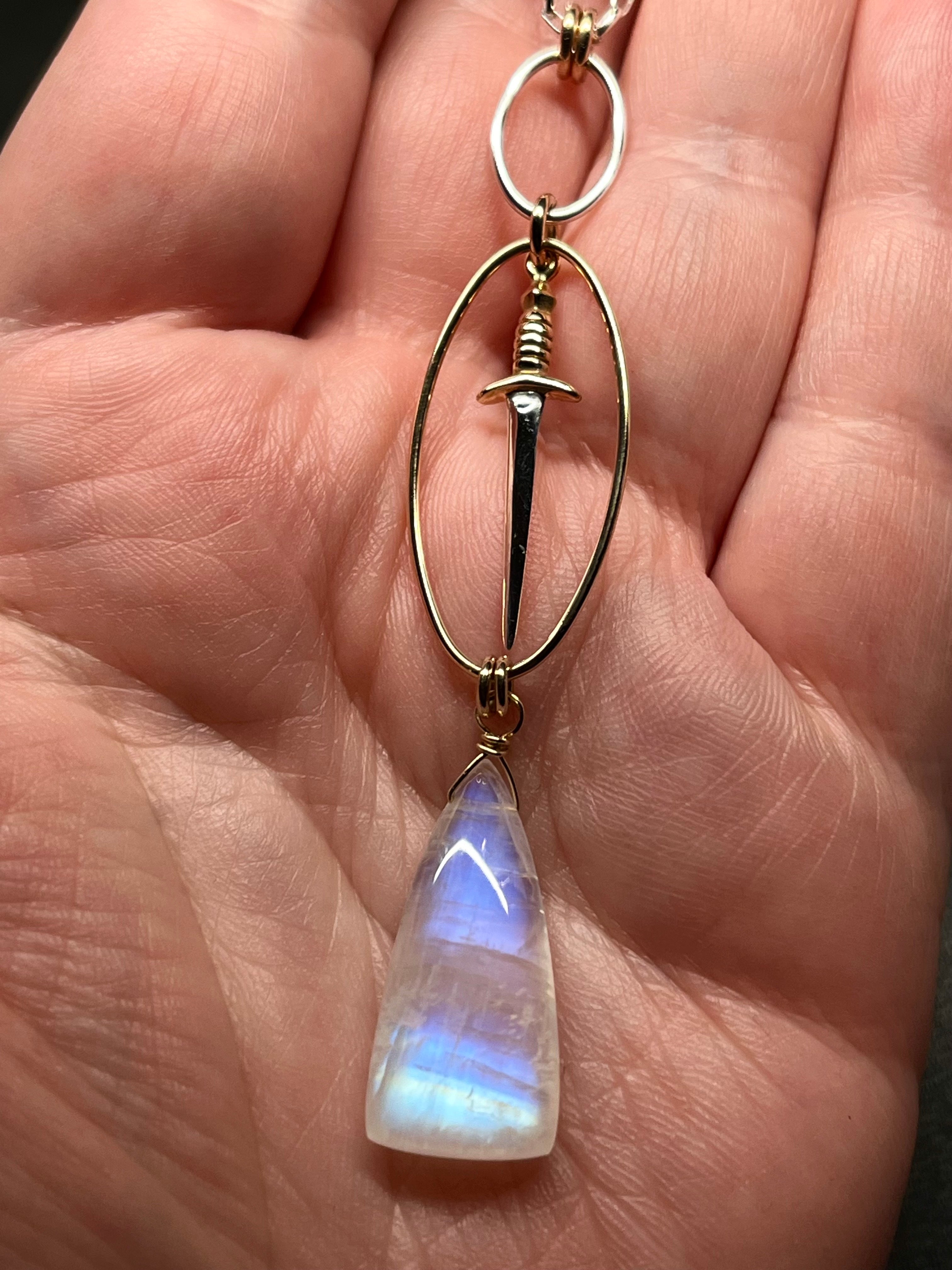 •NYX• rainbow moonstone + dagger + mixed metal necklace (26"-28")