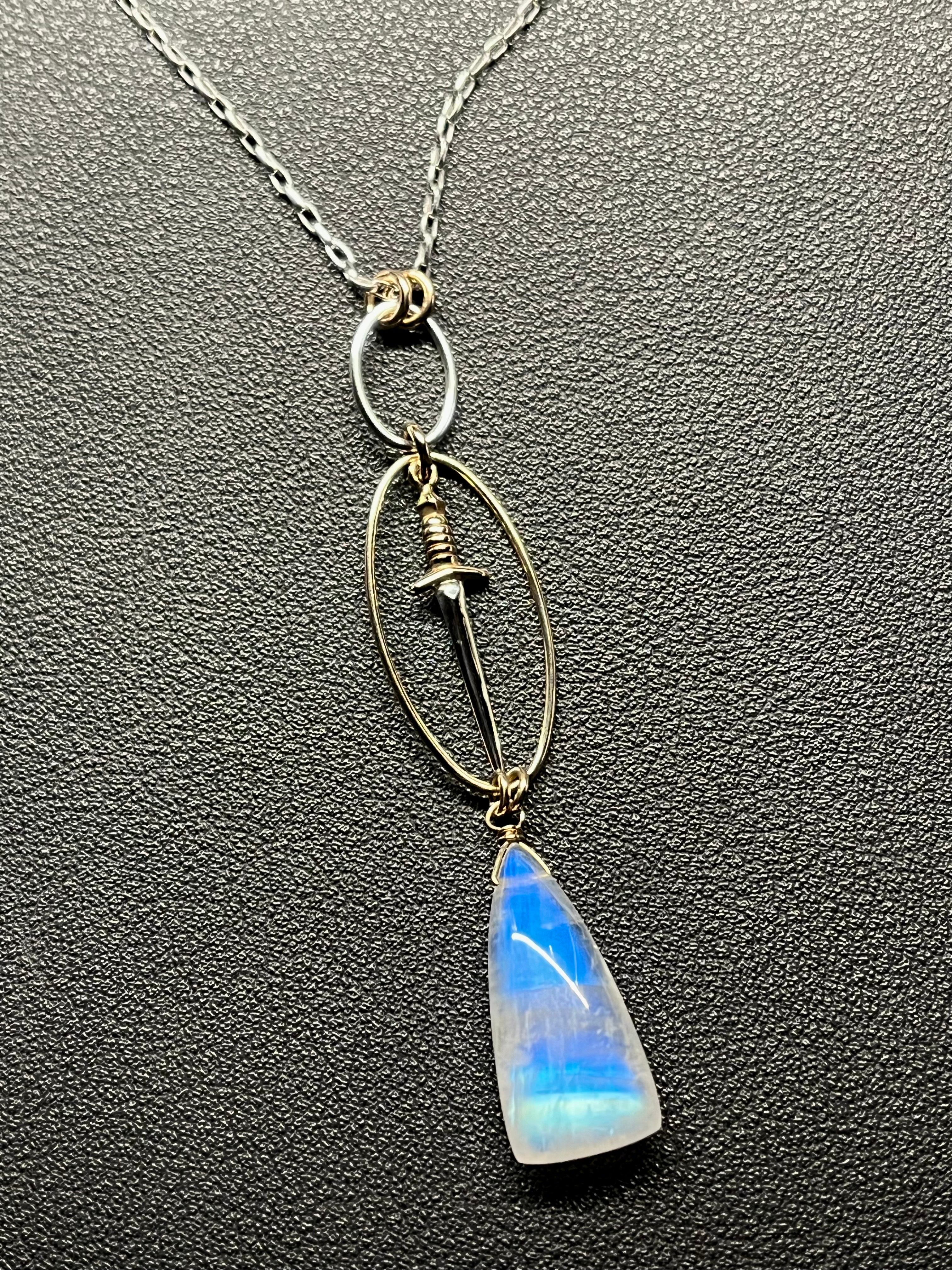 •NYX• rainbow moonstone + dagger + mixed metal necklace (26"-28")