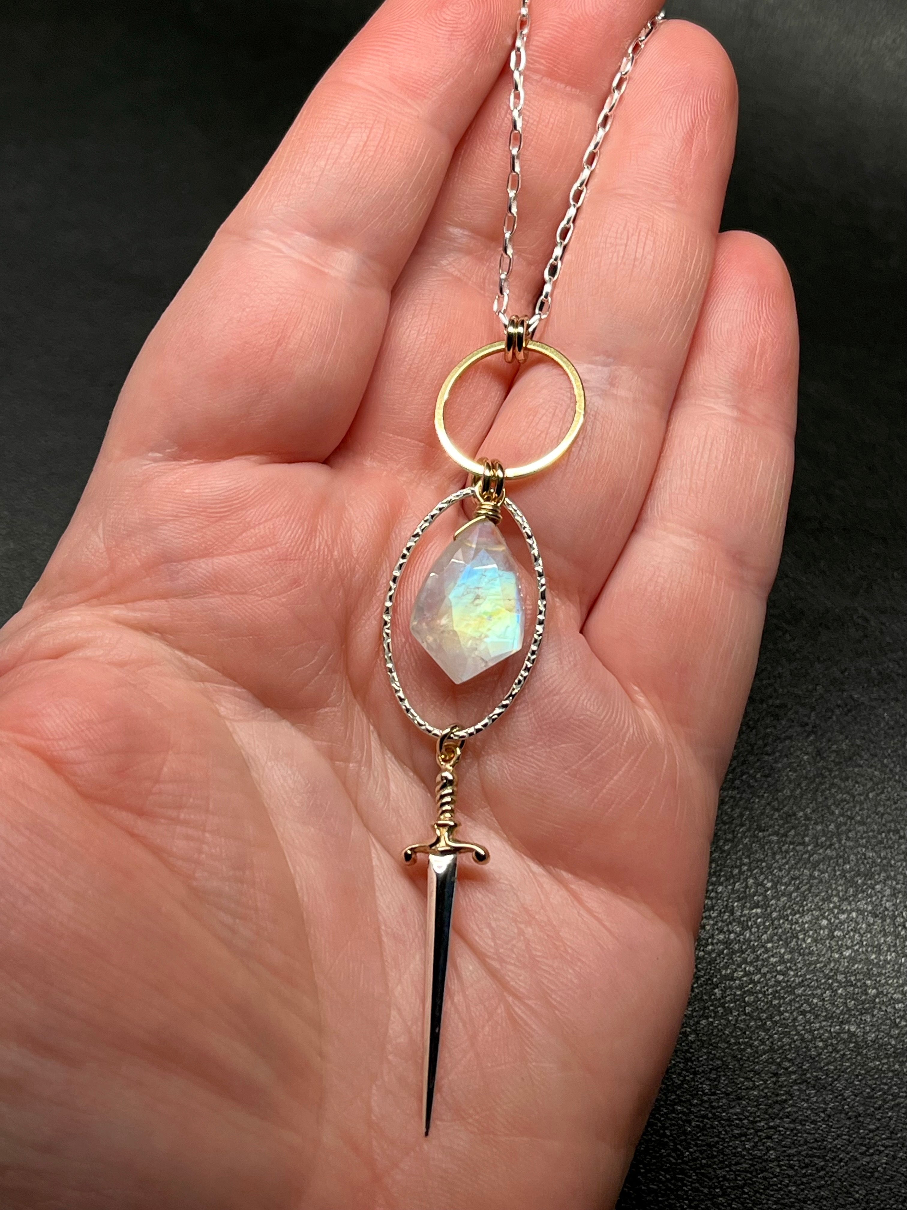 •NYX• rainbow moonstone + dagger + mixed metal necklace (26"-28")