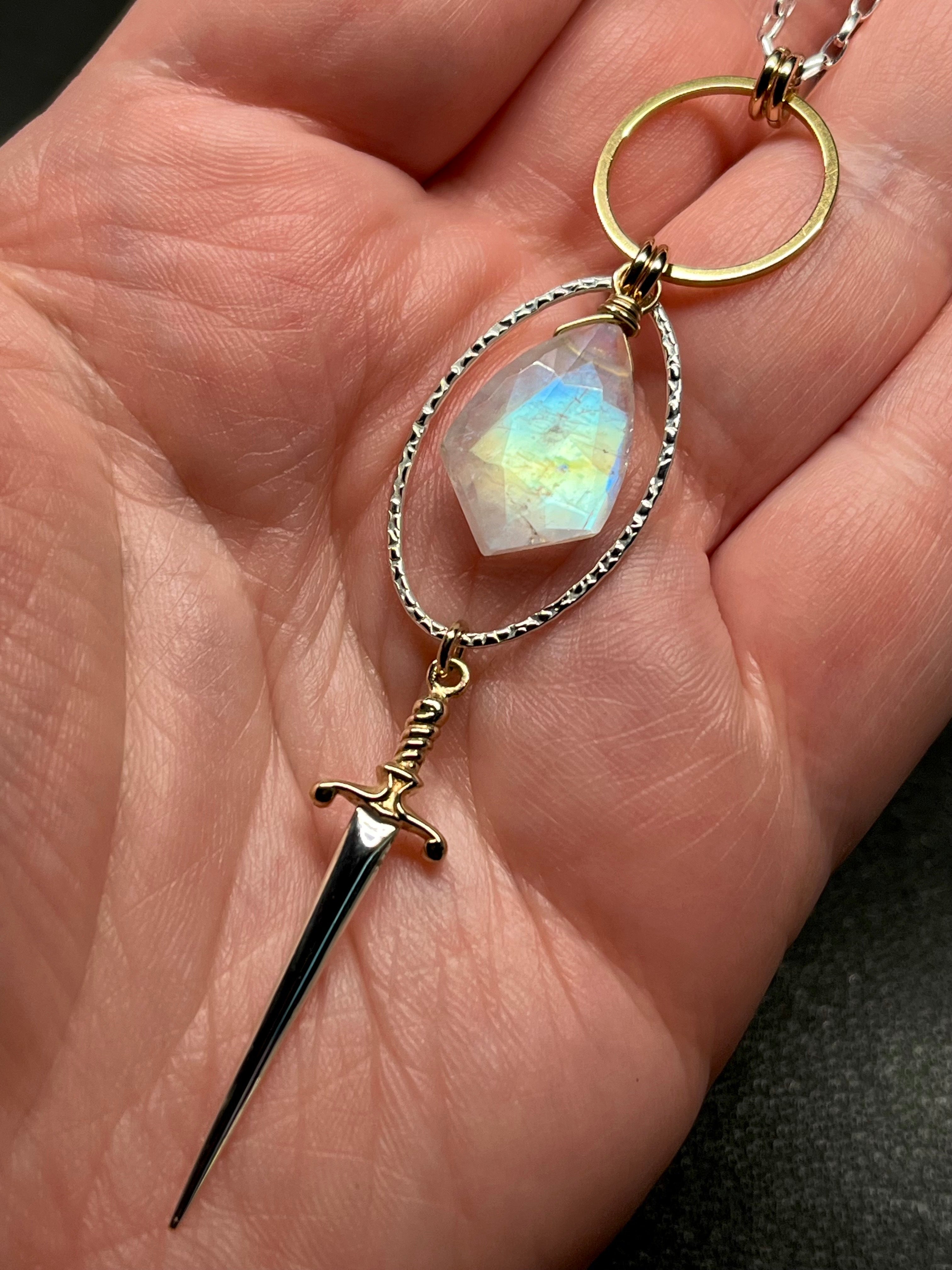 •NYX• rainbow moonstone + dagger + mixed metal necklace (26"-28")