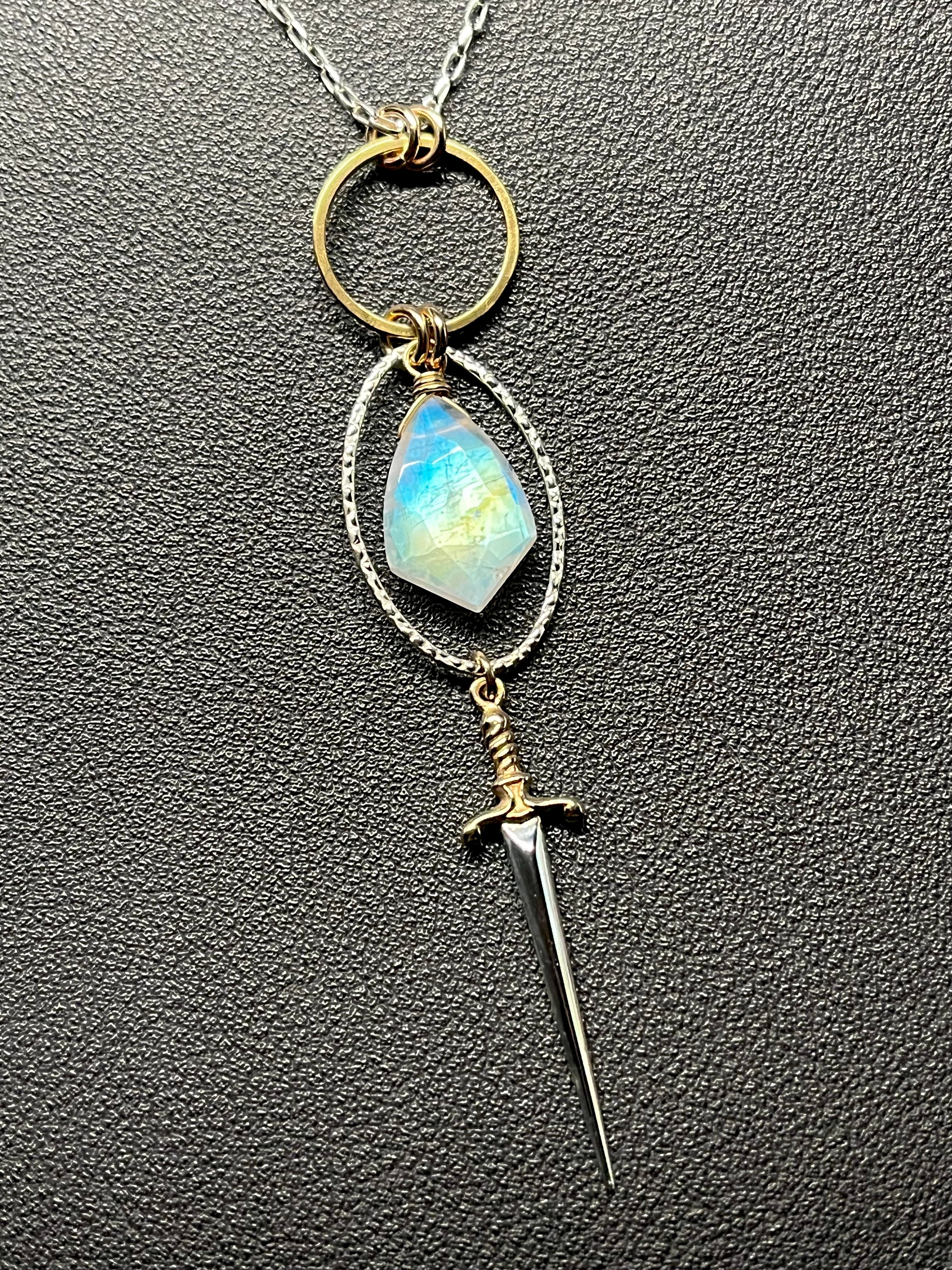 •NYX• rainbow moonstone + dagger + mixed metal necklace (26"-28")