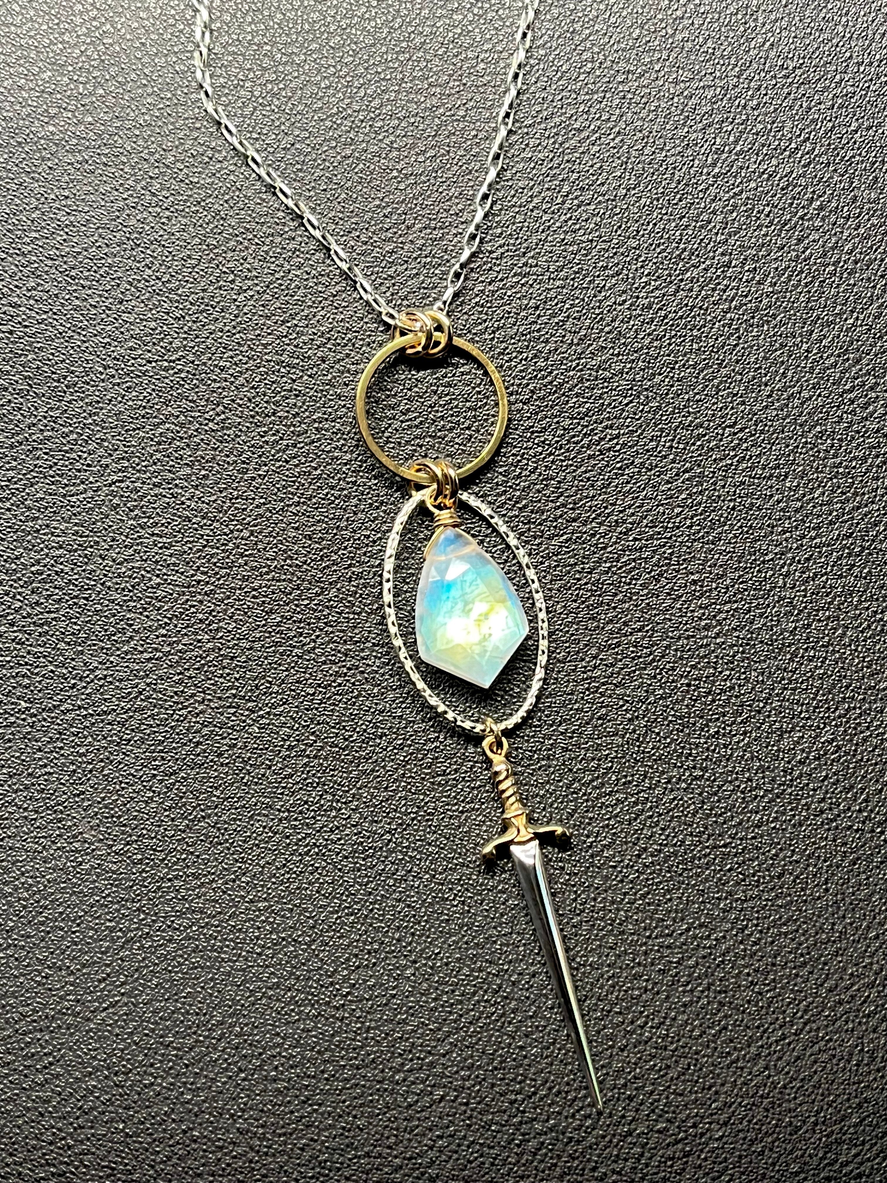 •NYX• rainbow moonstone + dagger + mixed metal necklace (26"-28")