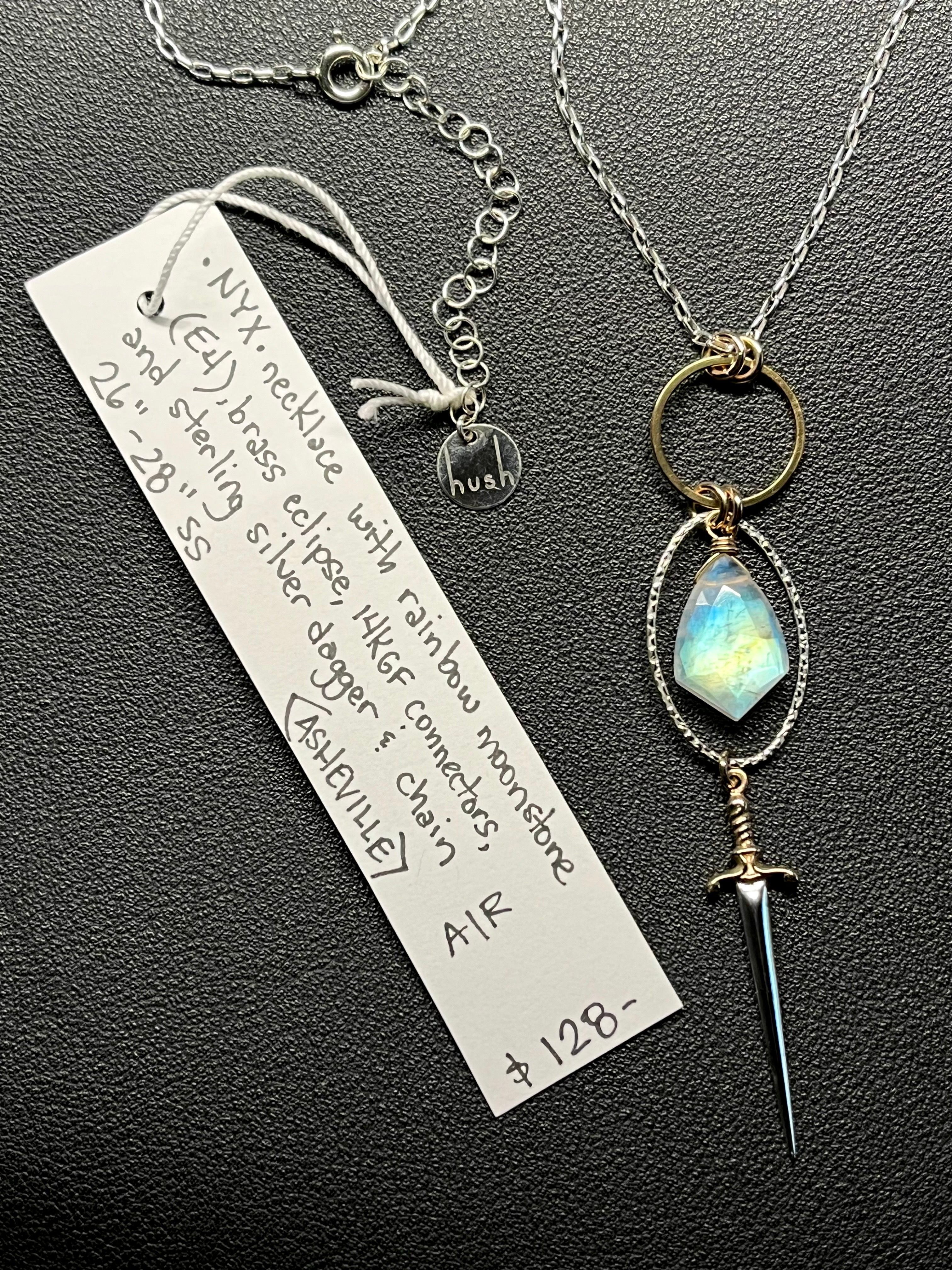 •NYX• rainbow moonstone + dagger + mixed metal necklace (26"-28")