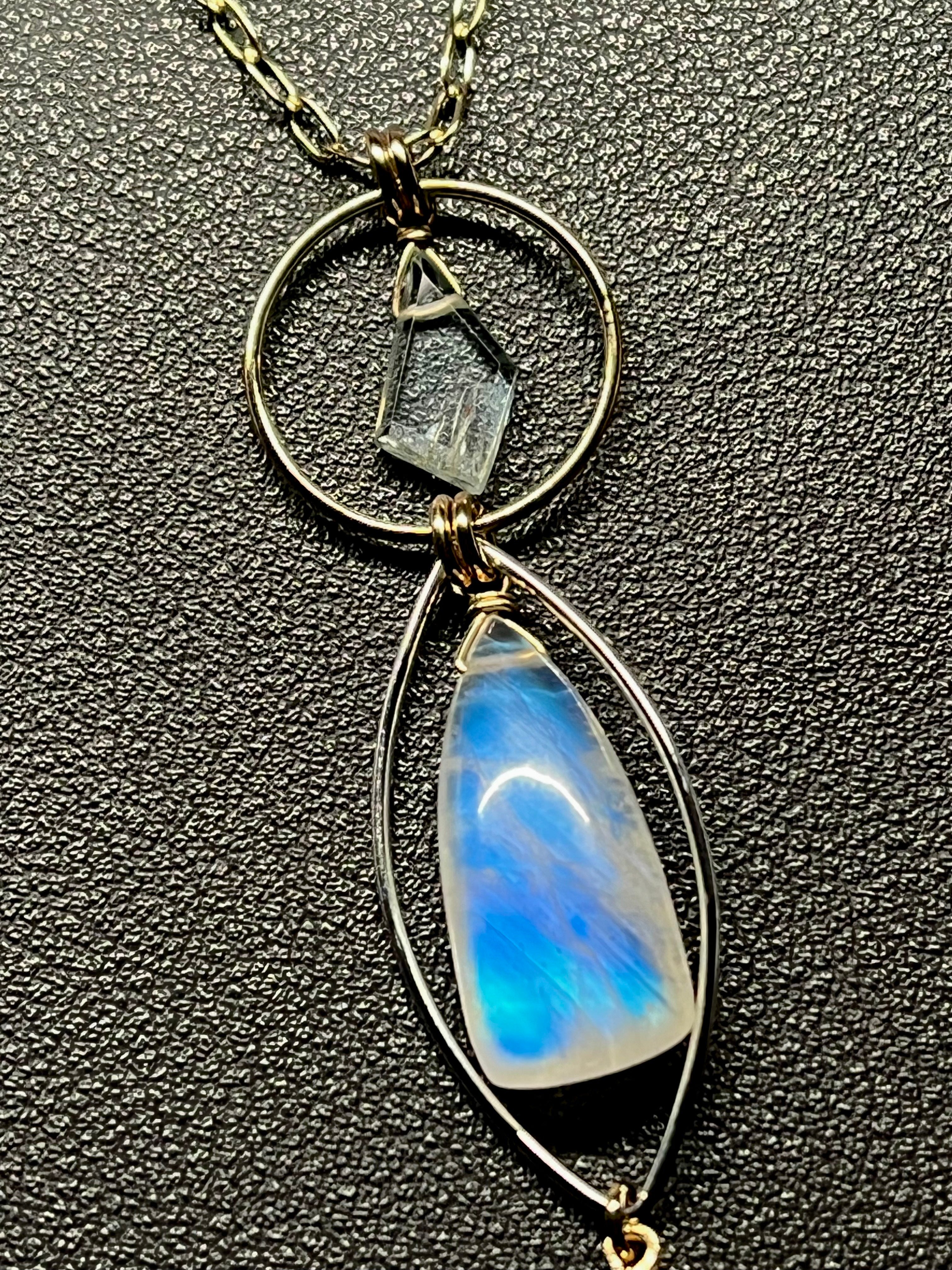 •NYX• rainbow moonstone + aquamarine + mixed metal necklace (28"-30")