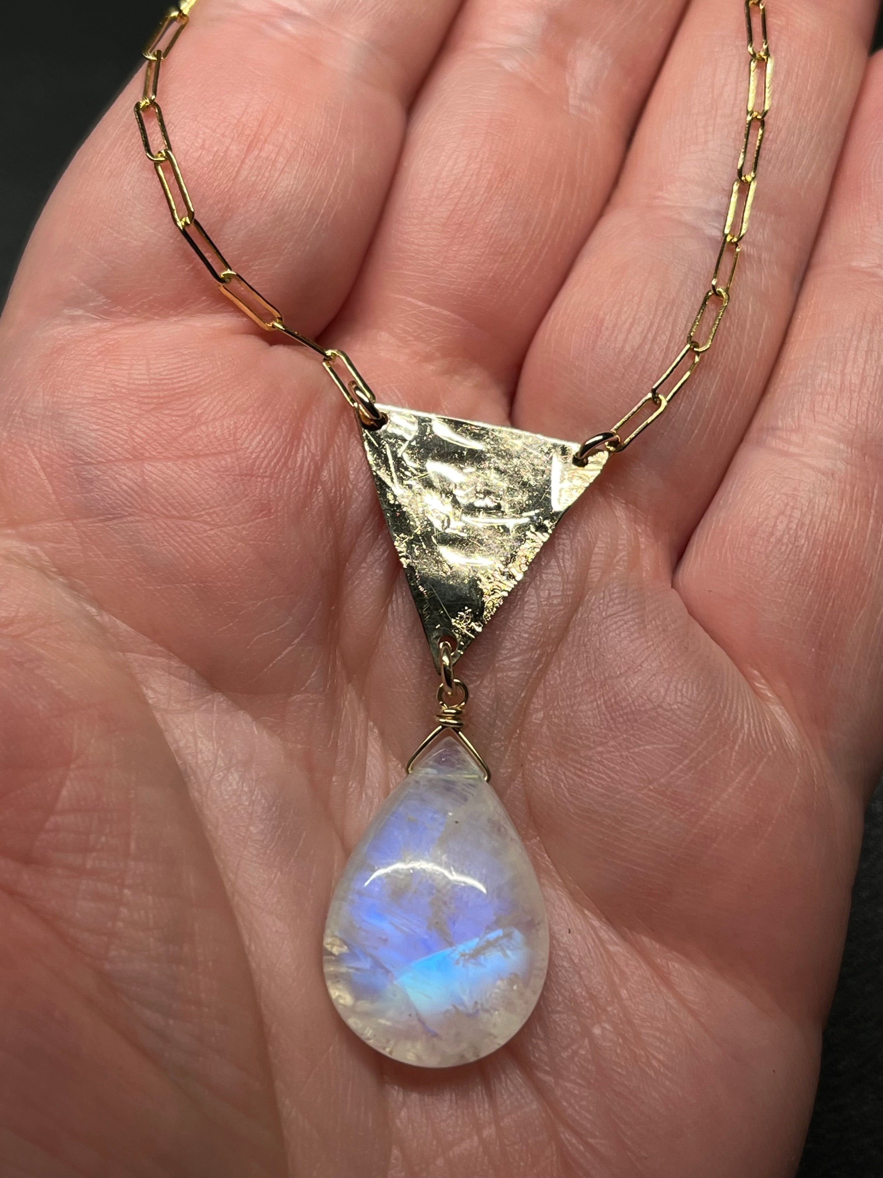 •ASET• rainbow moonstone + pyramid + gold necklace (18"-20")