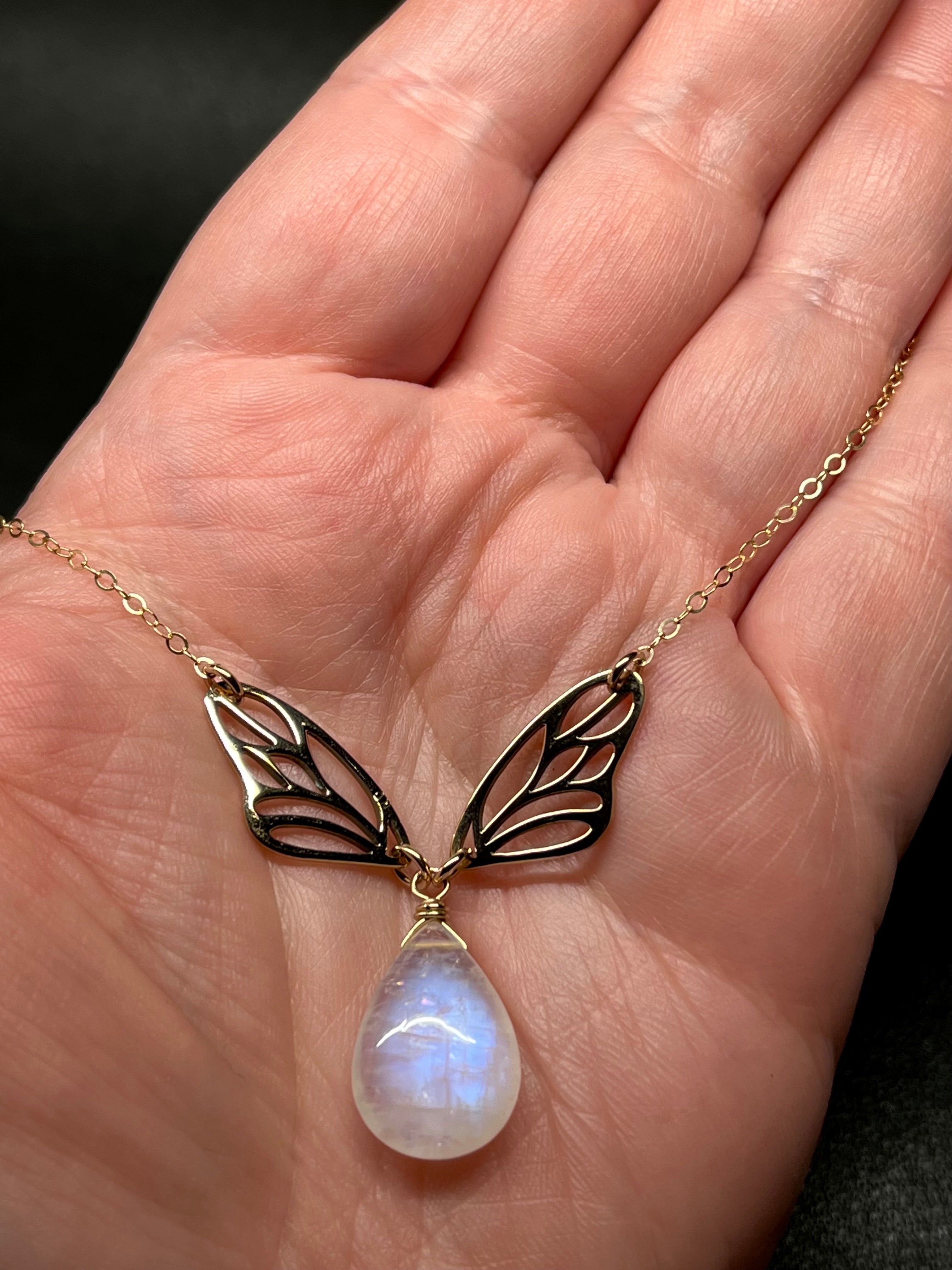 •GUIDE• rainbow moonstone + wings + gold necklace (16"-18")