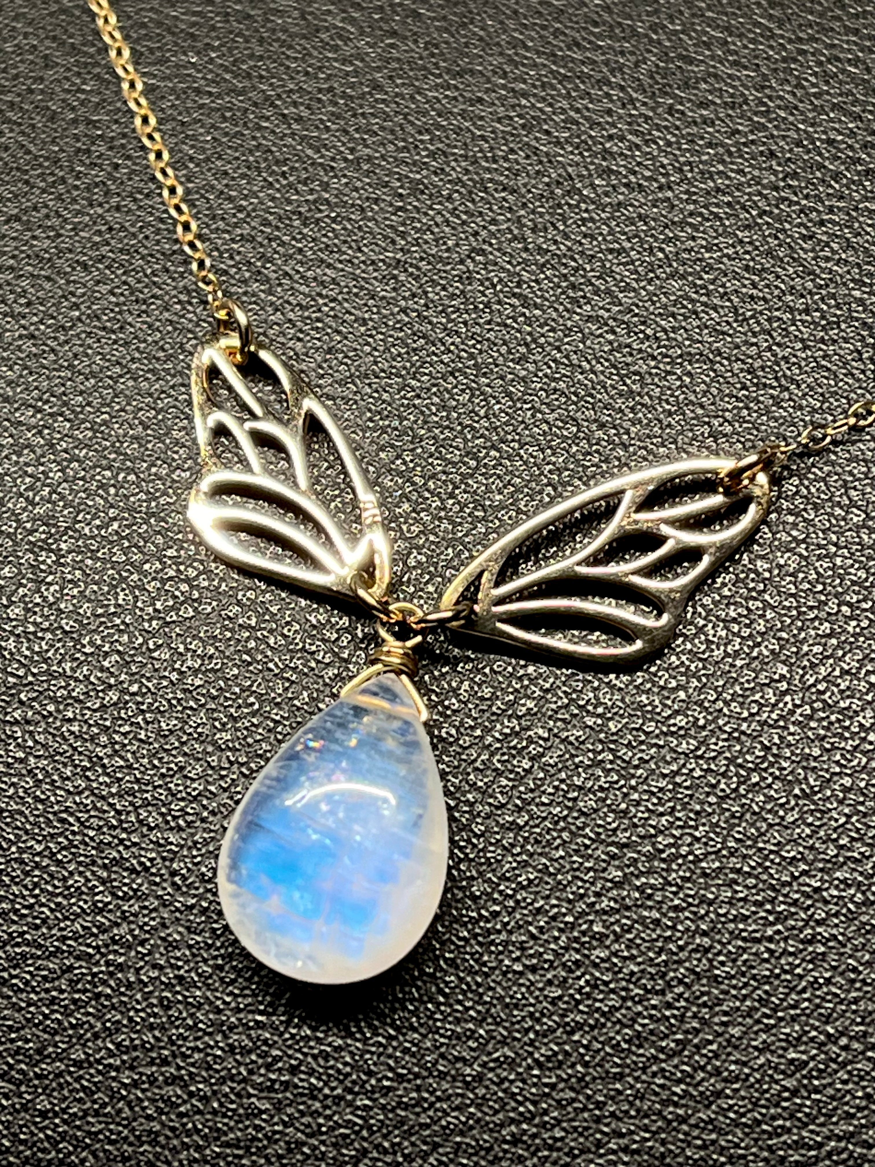 •GUIDE• rainbow moonstone + wings + gold necklace (16"-18")