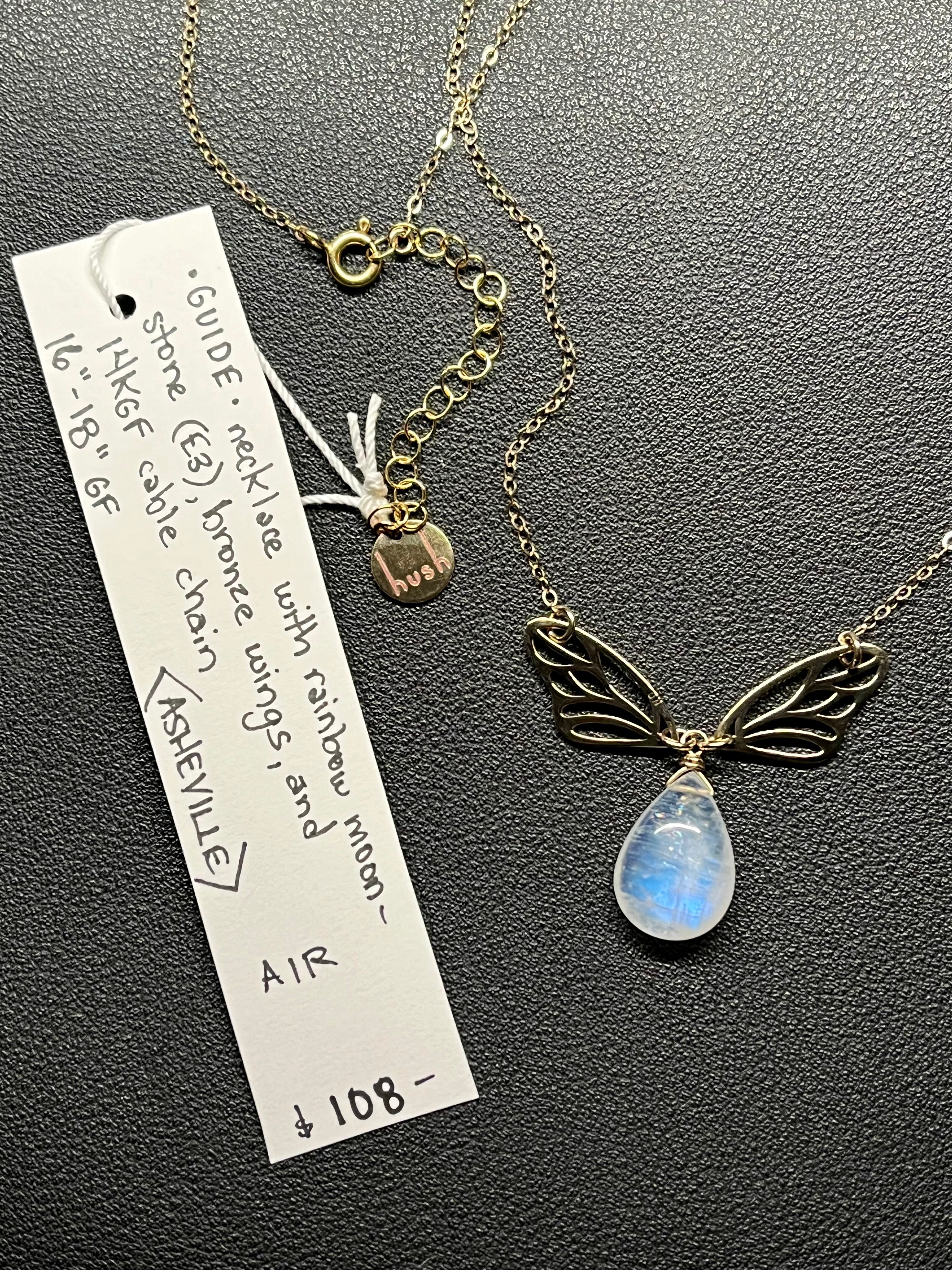•GUIDE• rainbow moonstone + wings + gold necklace (16"-18")