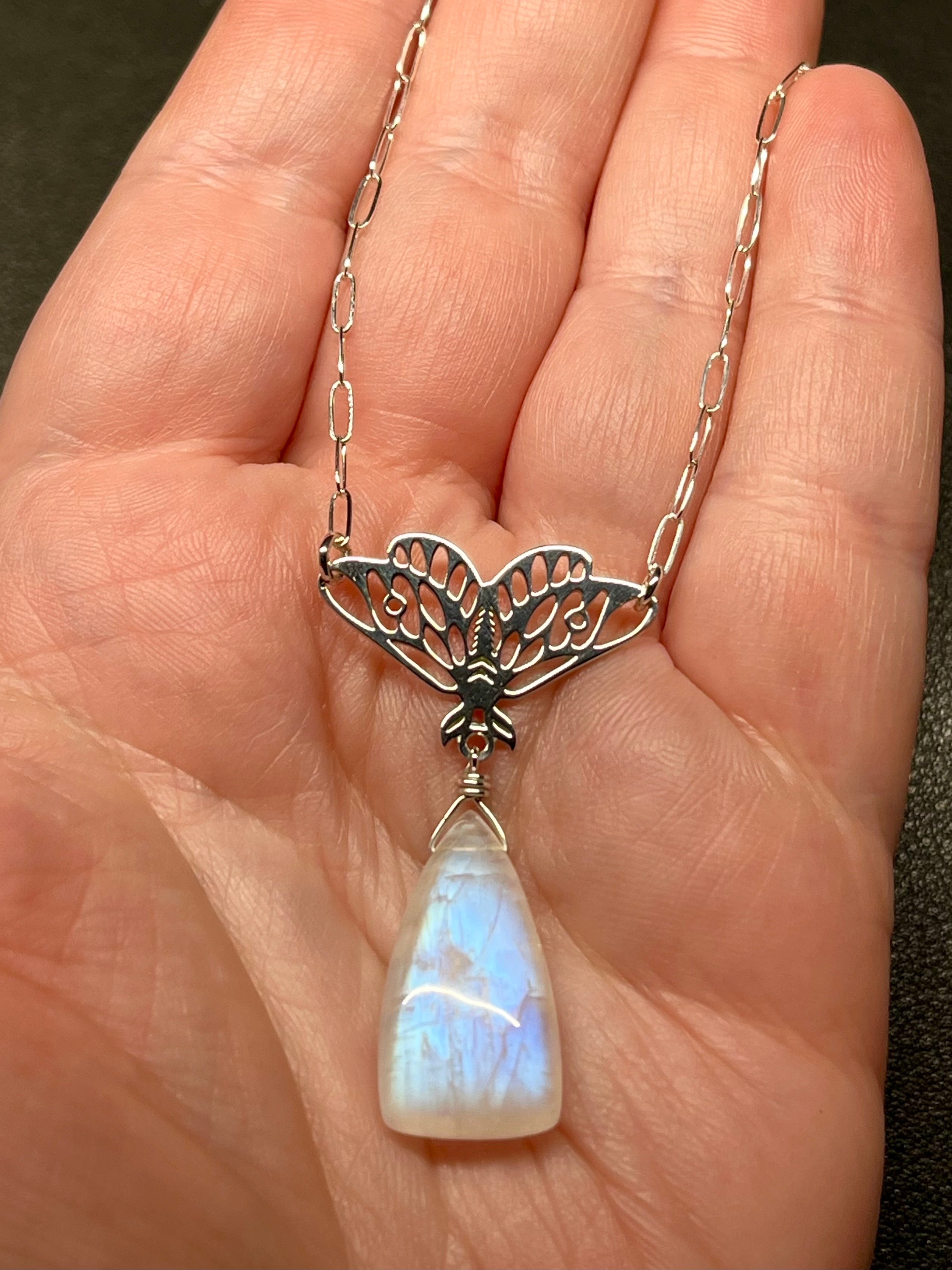 •GUIDE• rainbow moonstone + moth + silver necklace (18"-20")