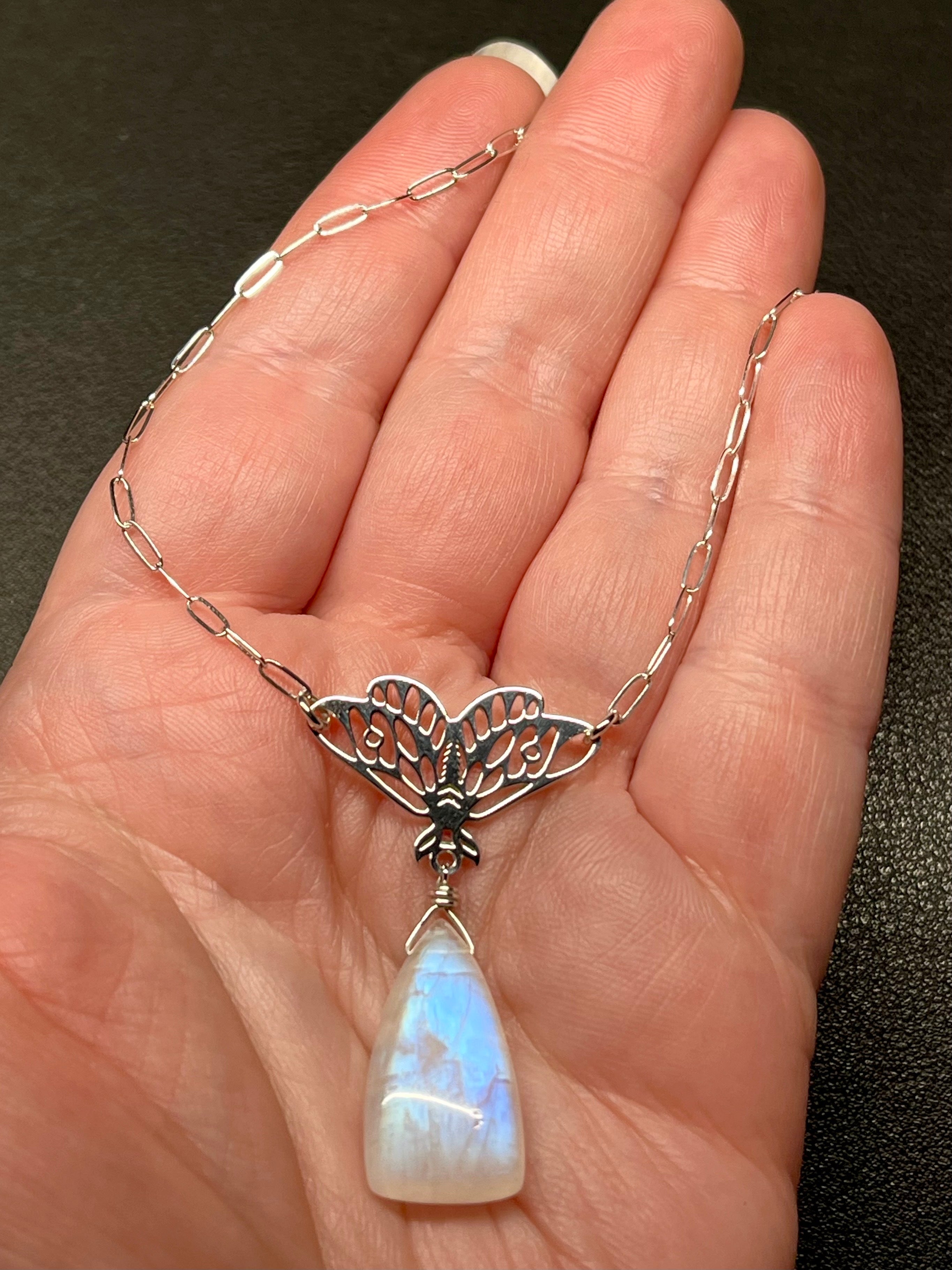 •GUIDE• rainbow moonstone + moth + silver necklace (18"-20")