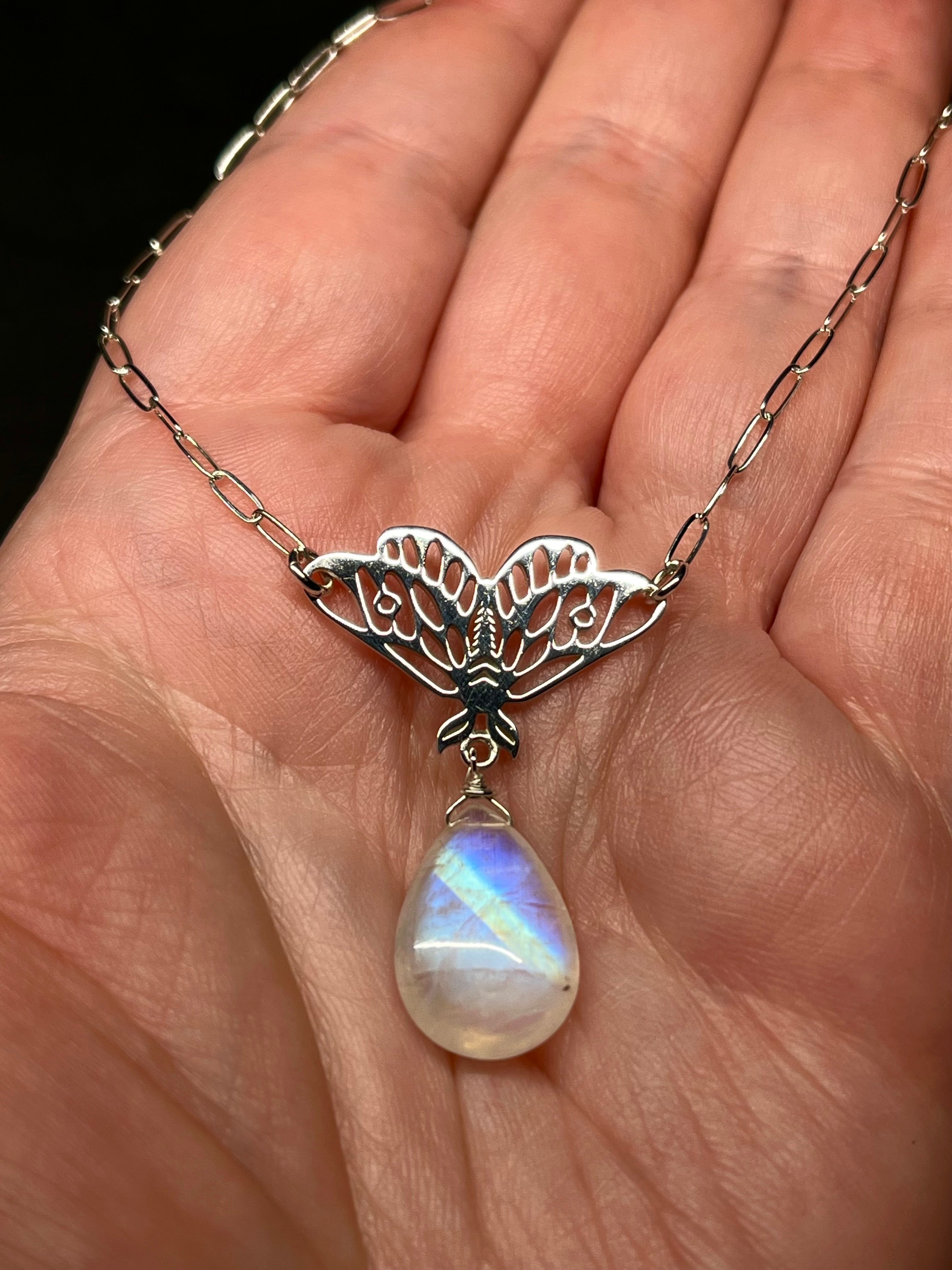 •GUIDE• rainbow moonstone + moth + silver necklace (16"-18")