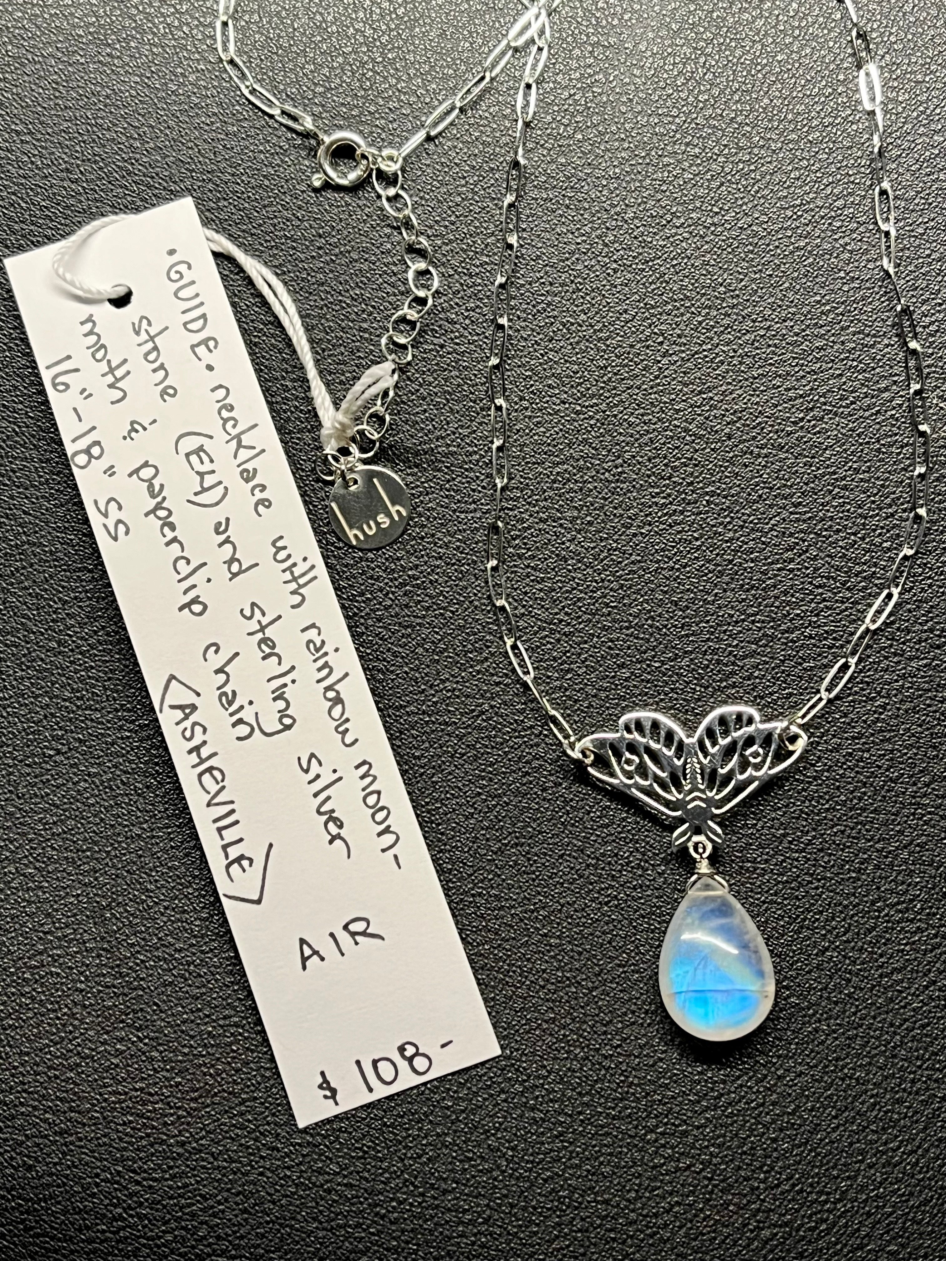 •GUIDE• rainbow moonstone + moth + silver necklace (16"-18")