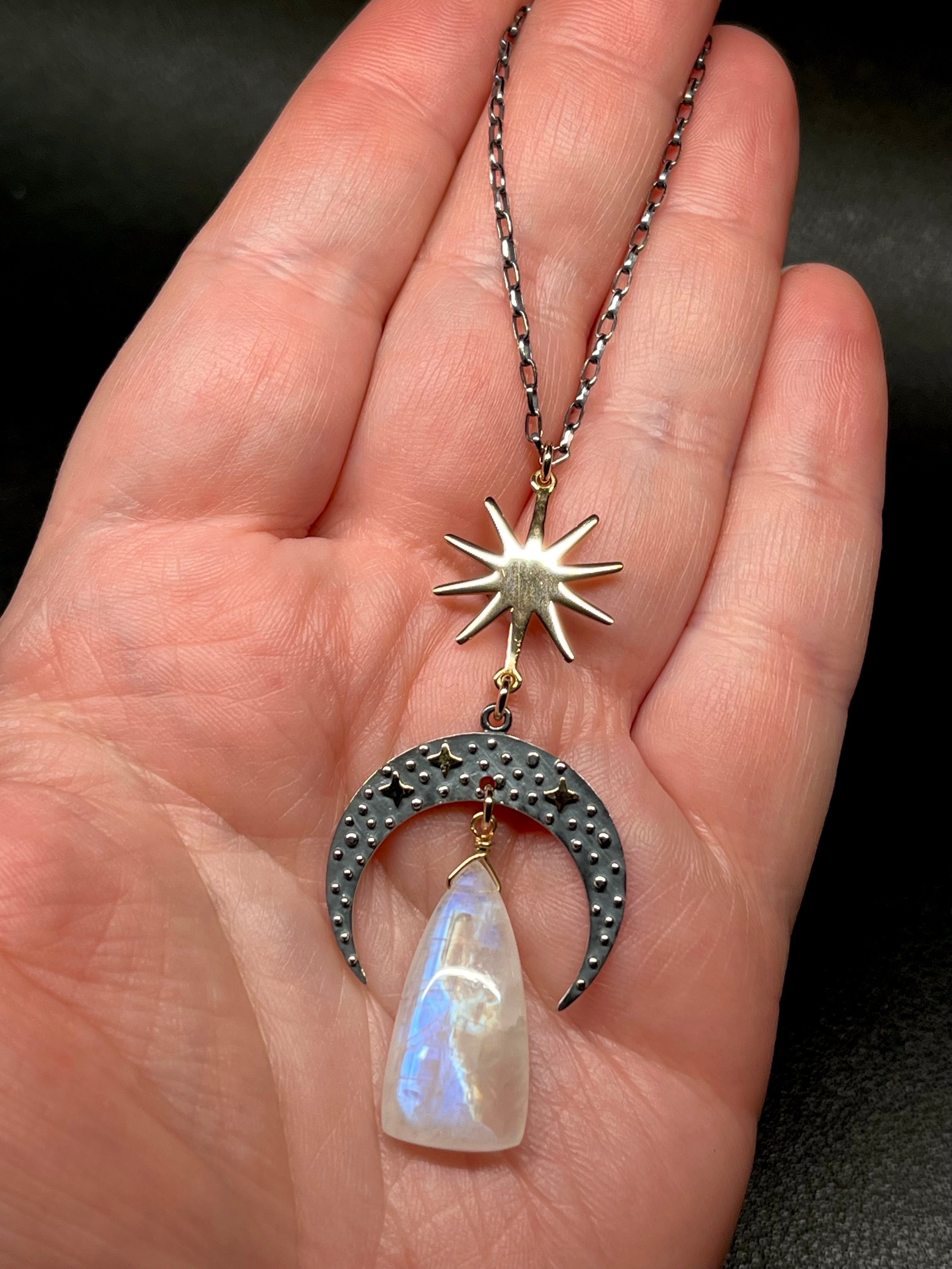 •NYX• rainbow moonstone + cosmic moon + mixed metal necklace (18"-20")