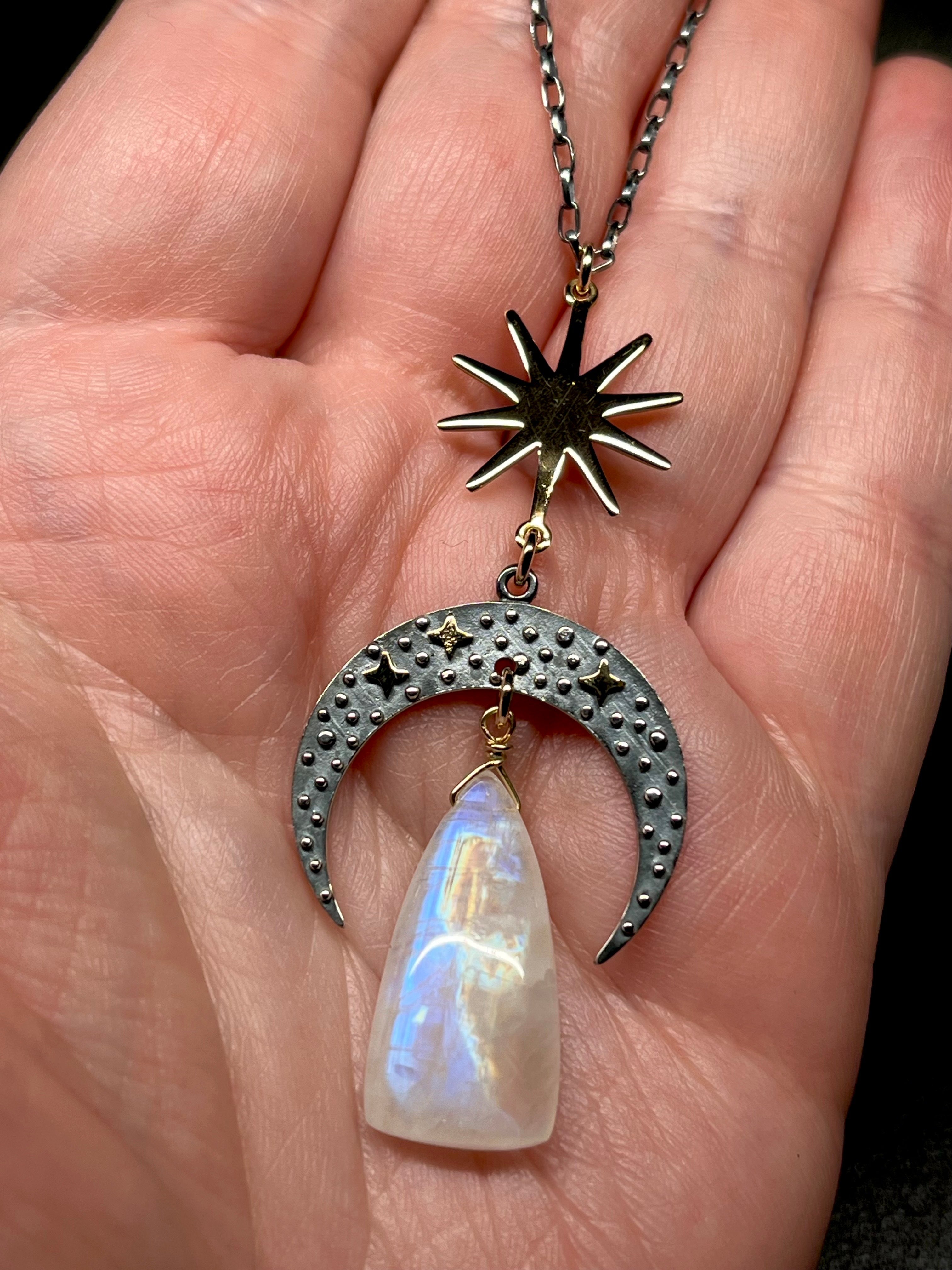 •NYX• rainbow moonstone + cosmic moon + mixed metal necklace (18"-20")