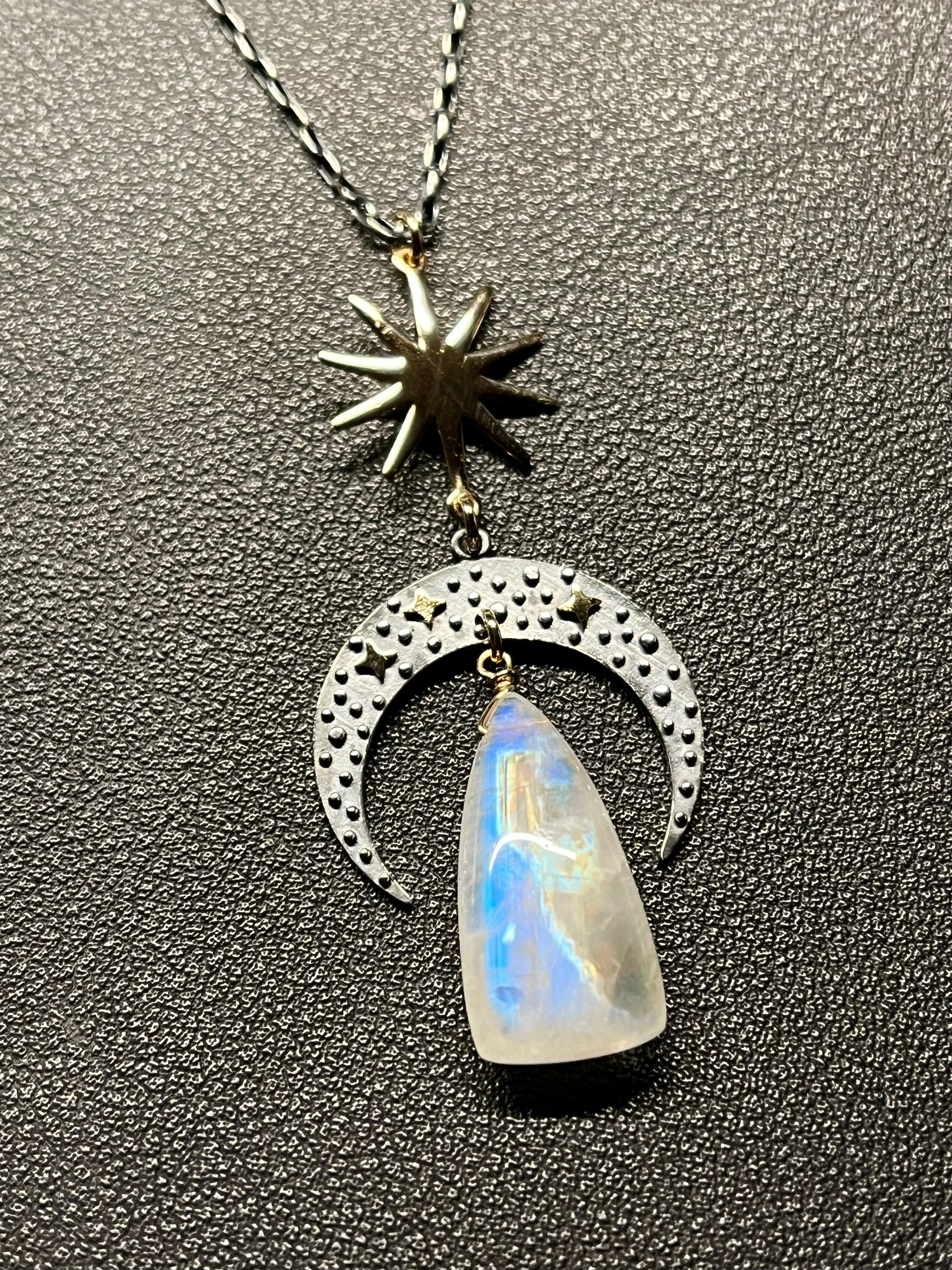 •NYX• rainbow moonstone + cosmic moon + mixed metal necklace (18"-20")