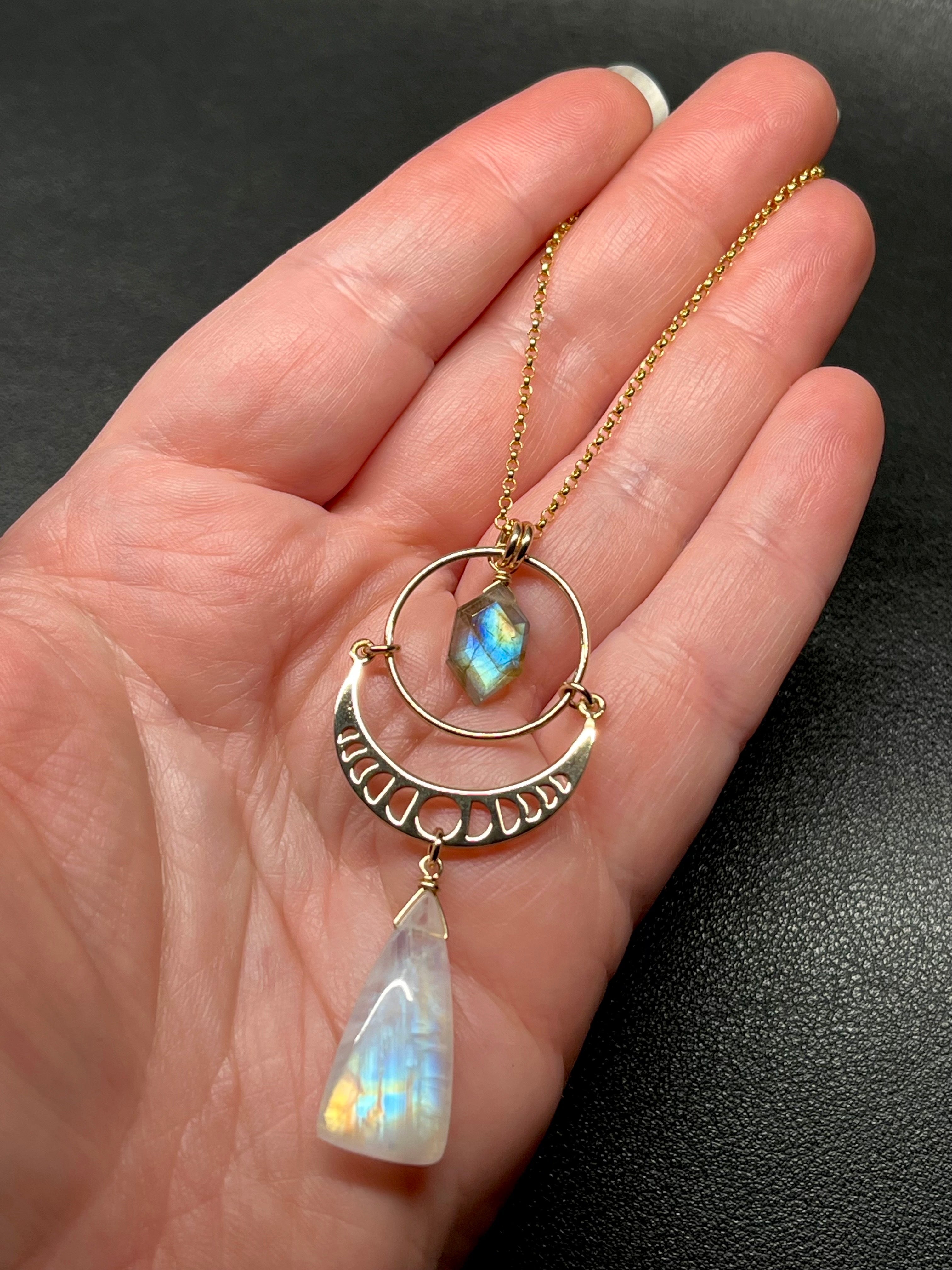 •NYX• rainbow moonstone + labradorite + gold necklace (18"-20")