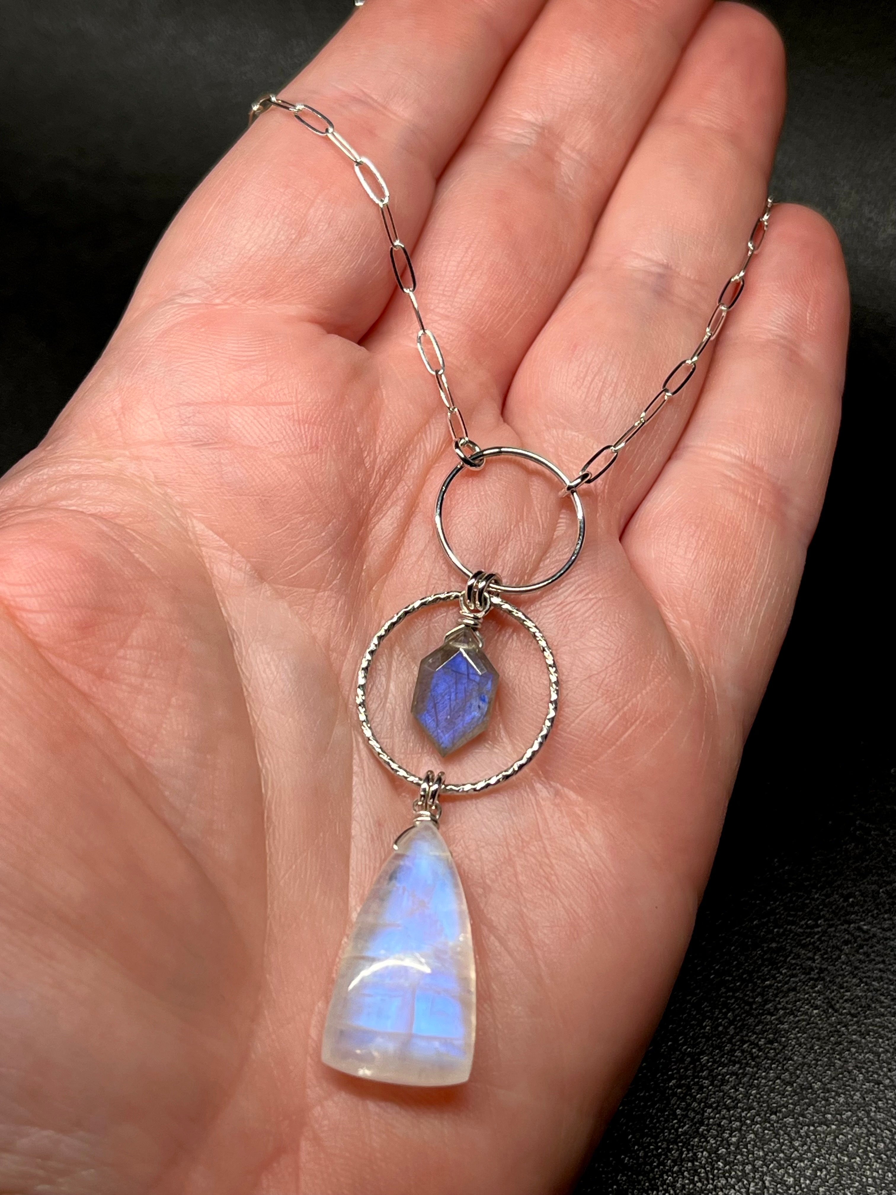 •NYX• rainbow moonstone + labradorite + silver necklace (18"-20")