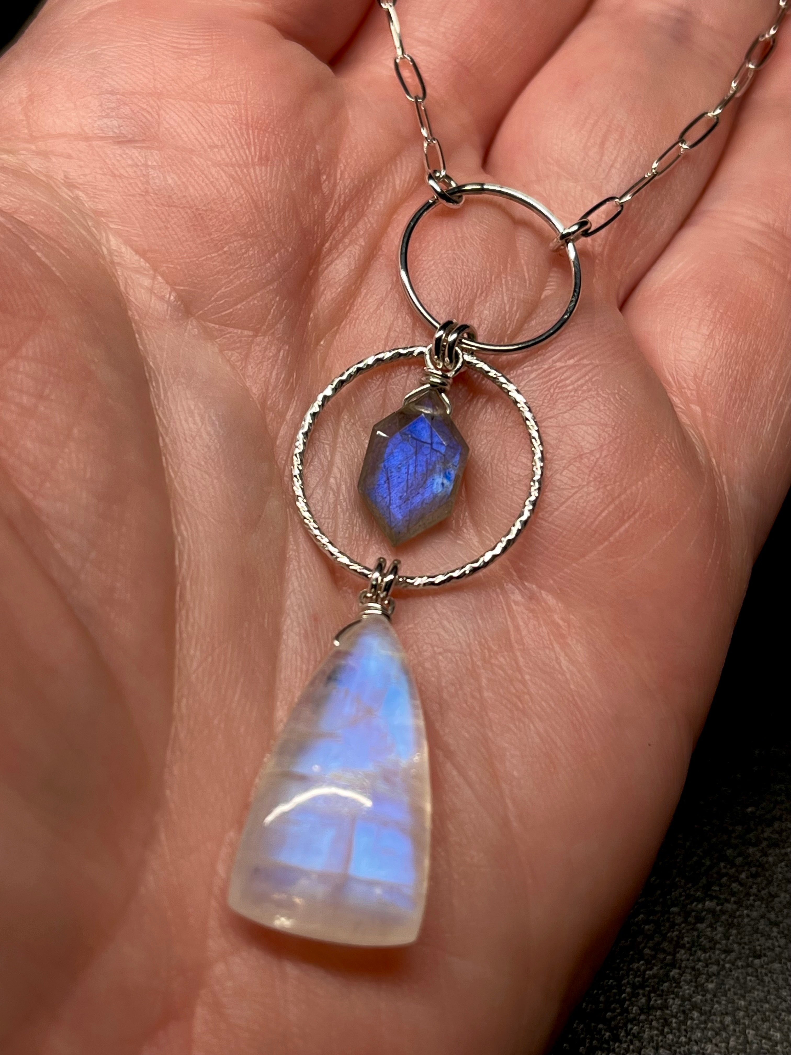 •NYX• rainbow moonstone + labradorite + silver necklace (18"-20")