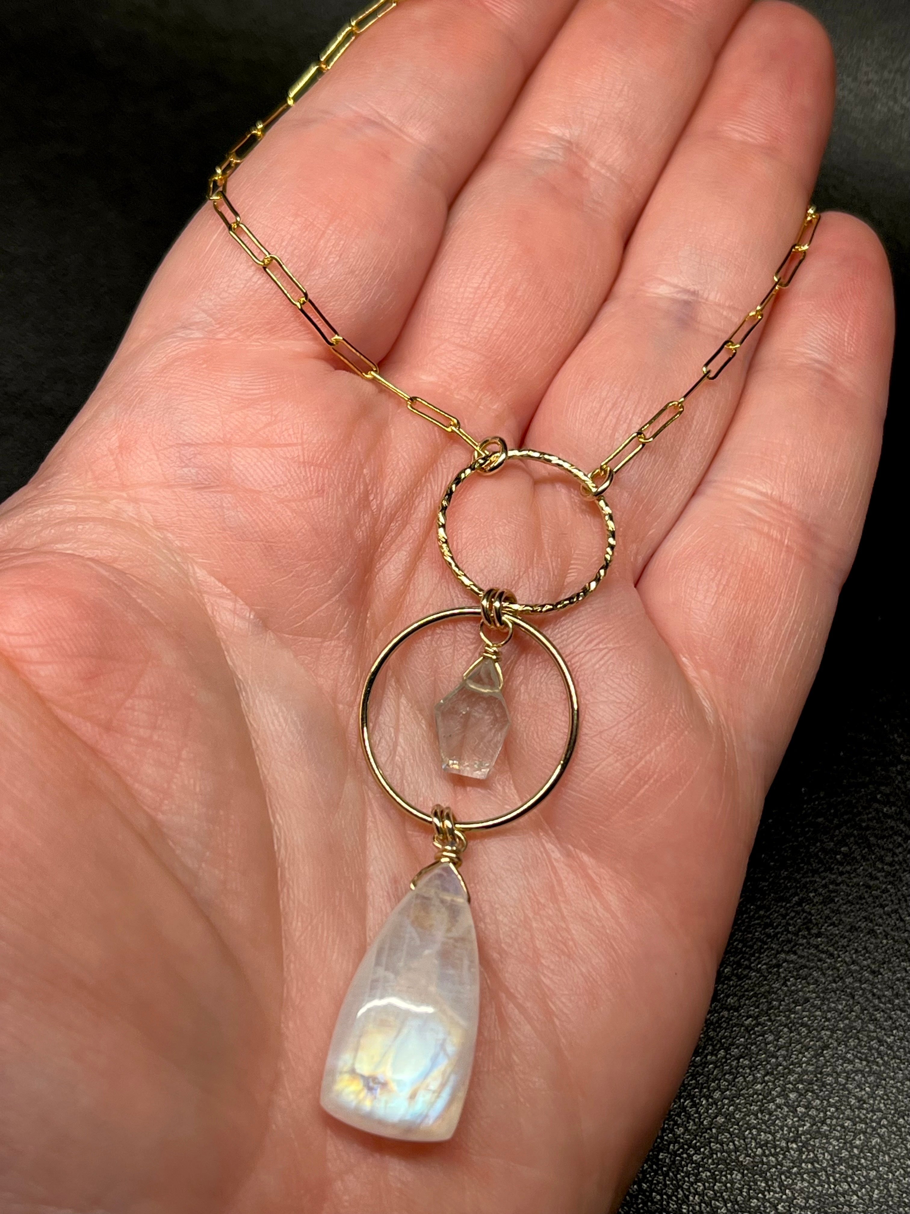•NYX• rainbow moonstone + aquamarine + gold necklace (18"-20")