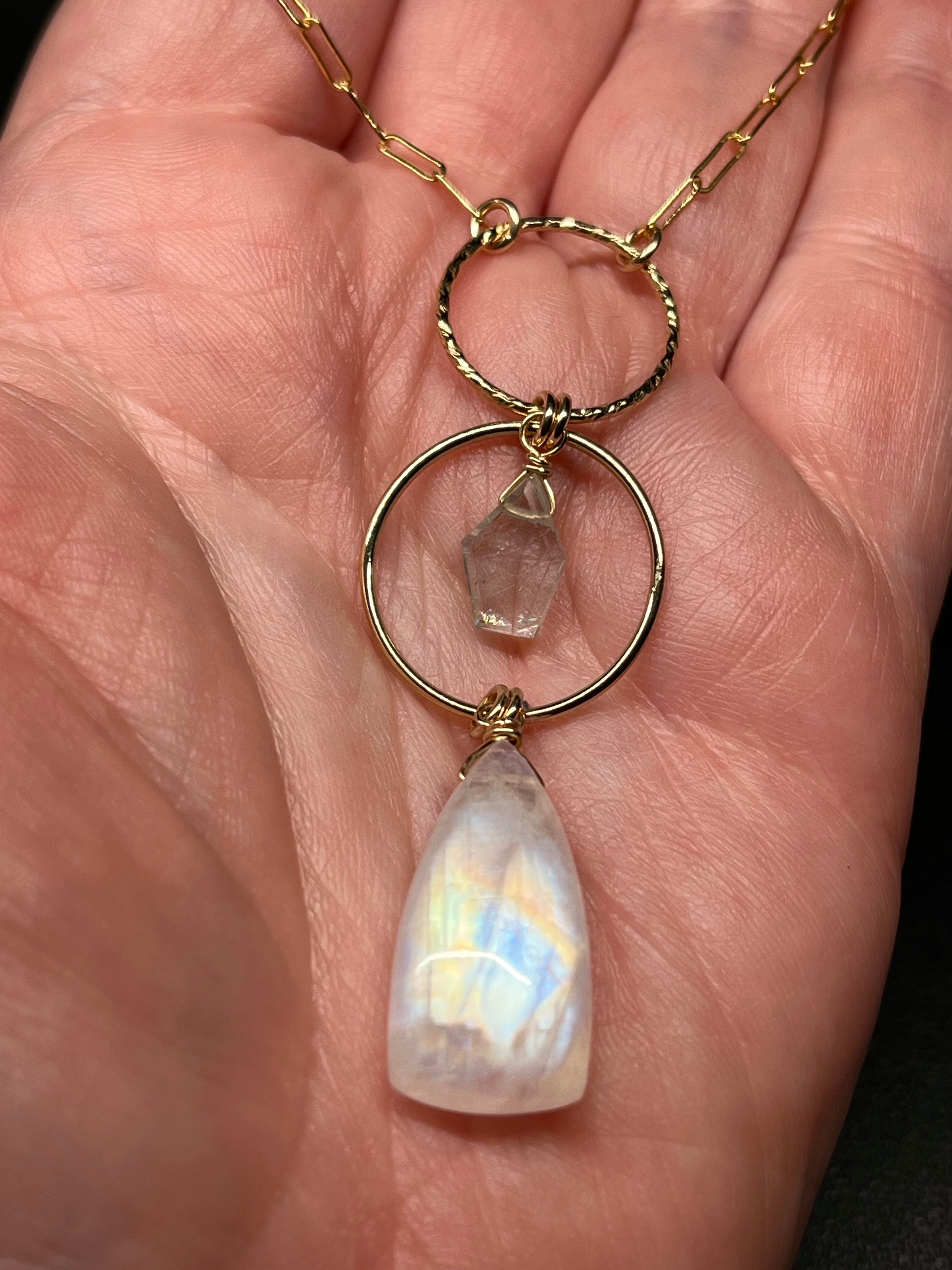 •NYX• rainbow moonstone + aquamarine + gold necklace (18"-20")