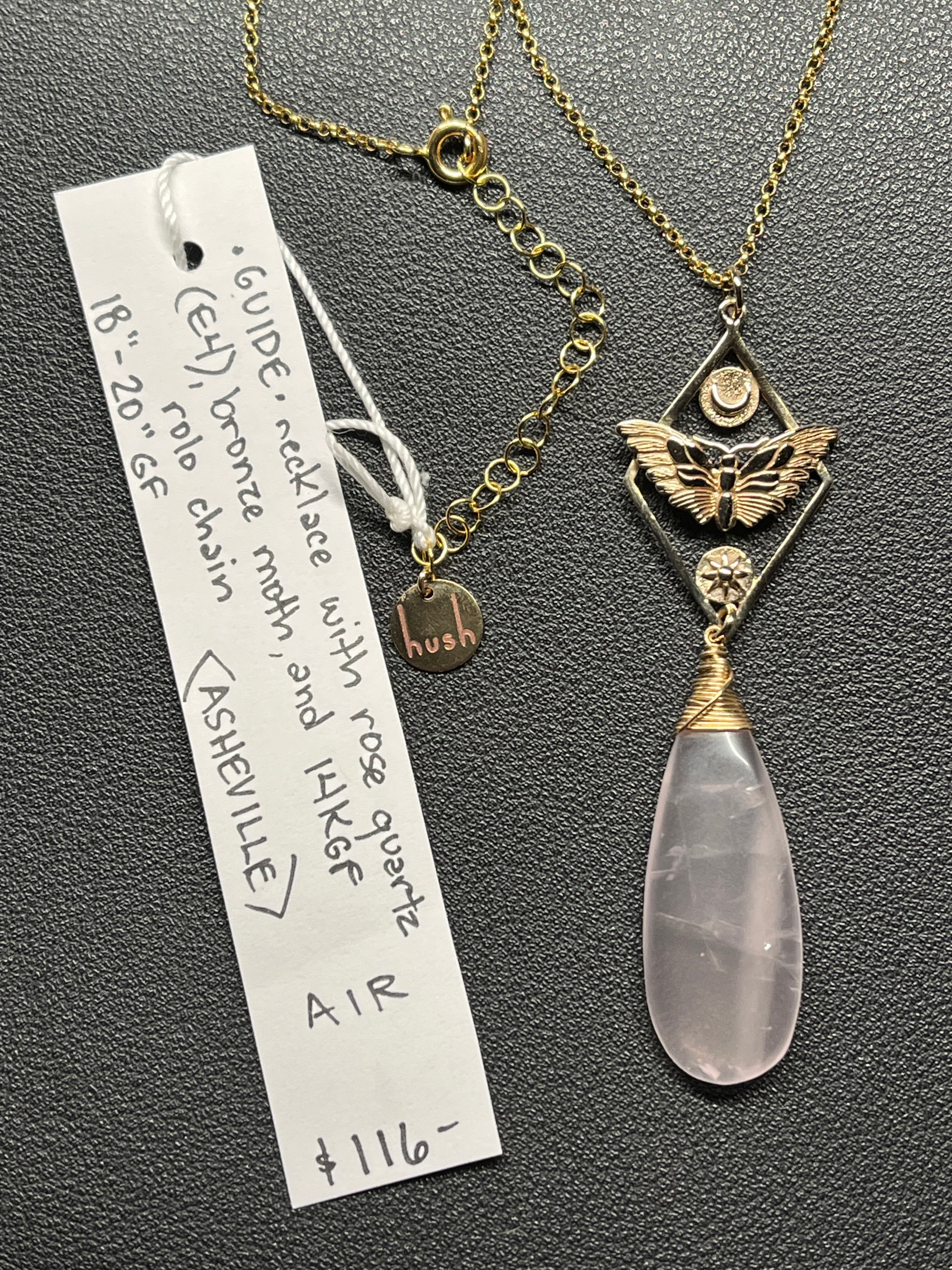 •GUIDE• rose quartz + moth + gold necklace (18"-20")