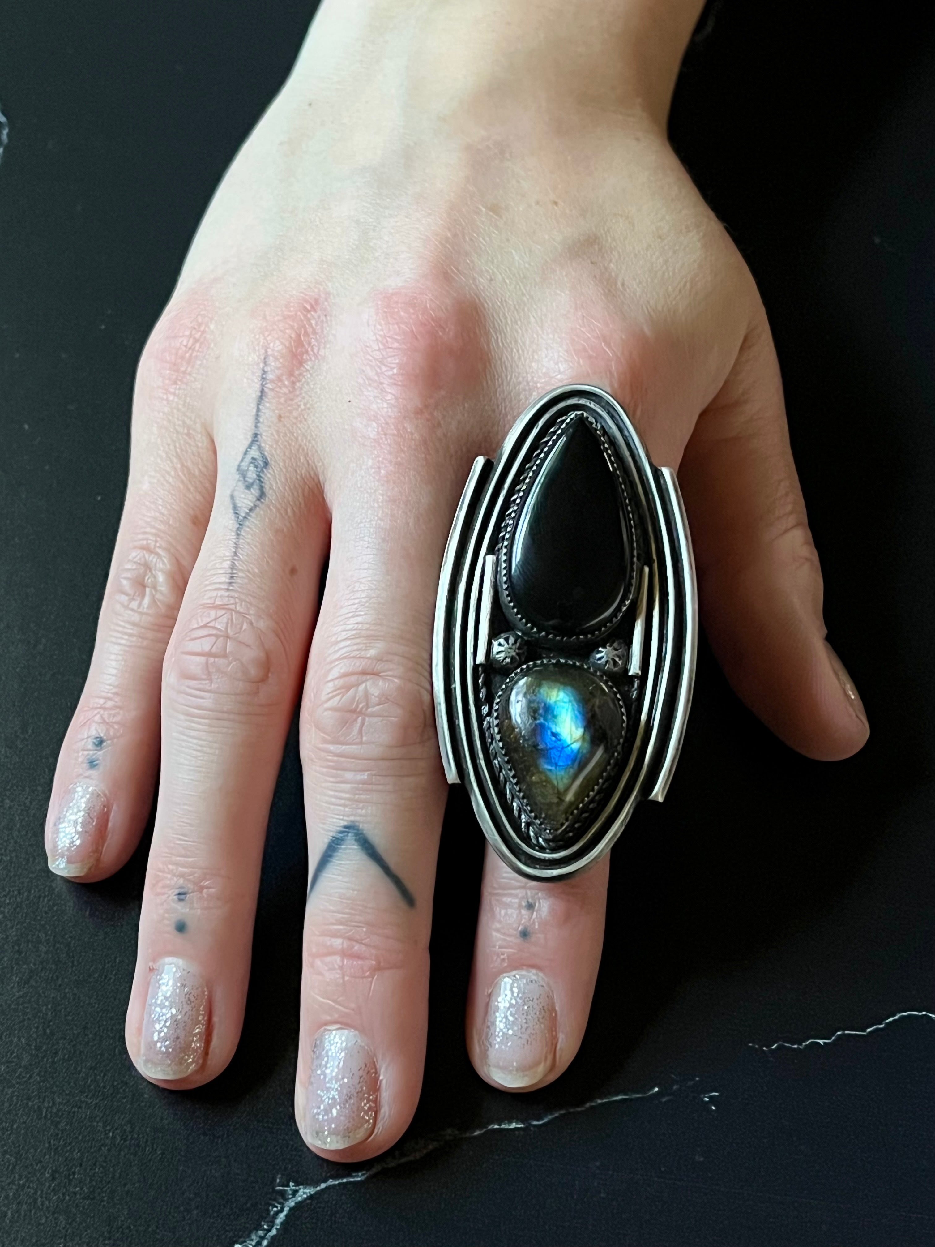 •QUASAR• labradorite + onyx + silver ring - SIZE 8.5