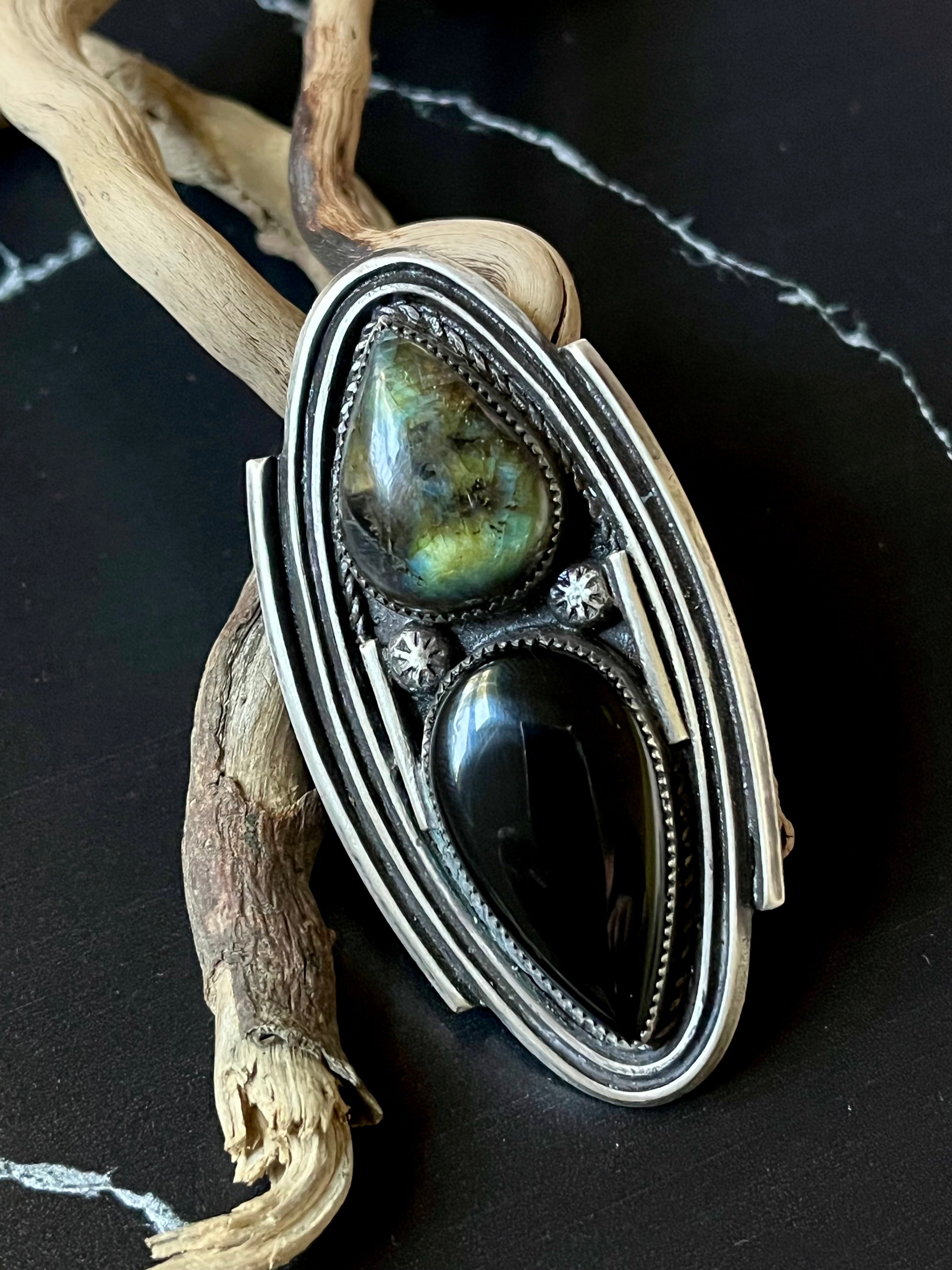 •QUASAR• labradorite + onyx + silver ring - SIZE 8.5