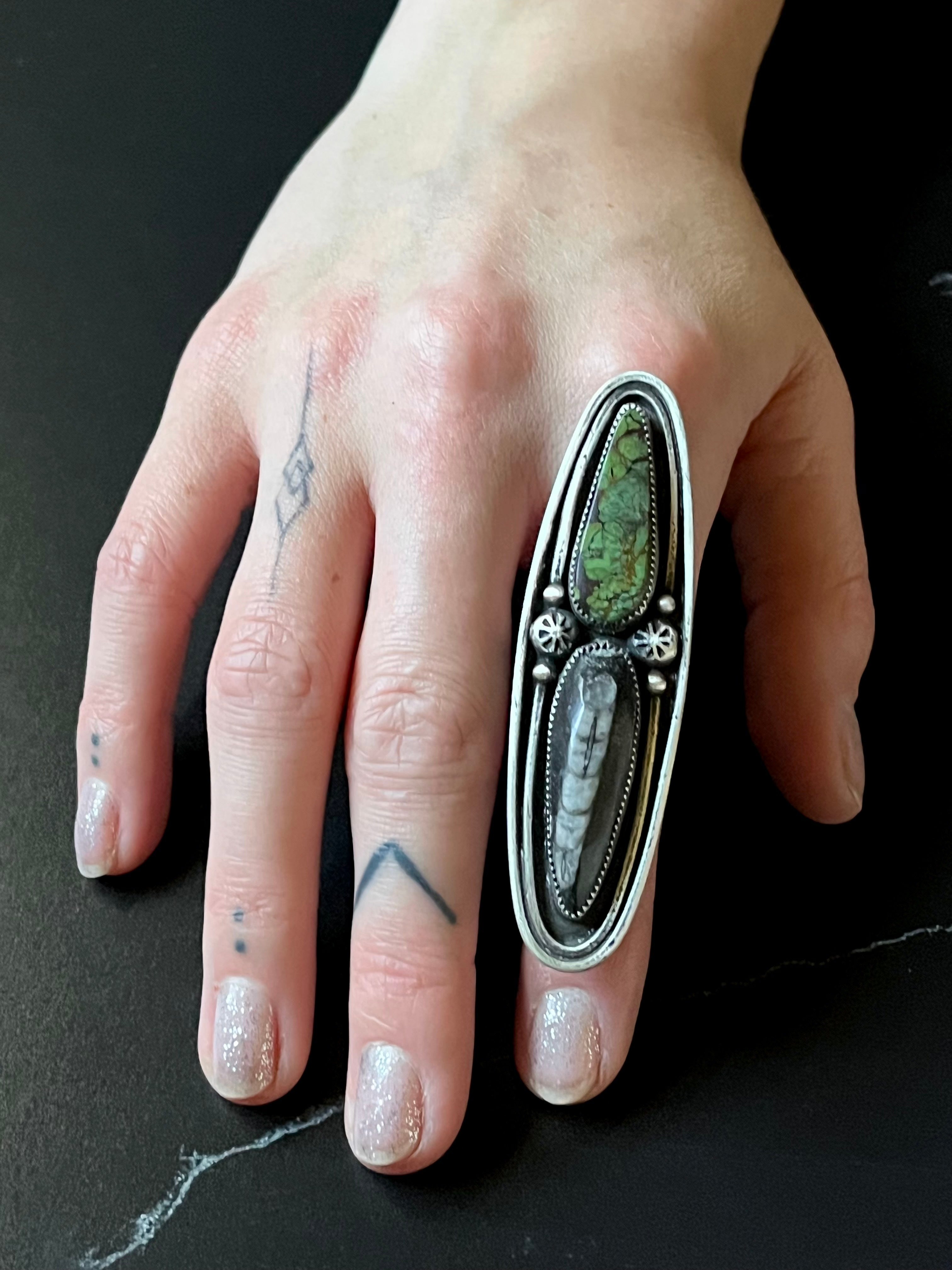 •TALON• turquoise + orthoceras + silver ring - SIZE 8