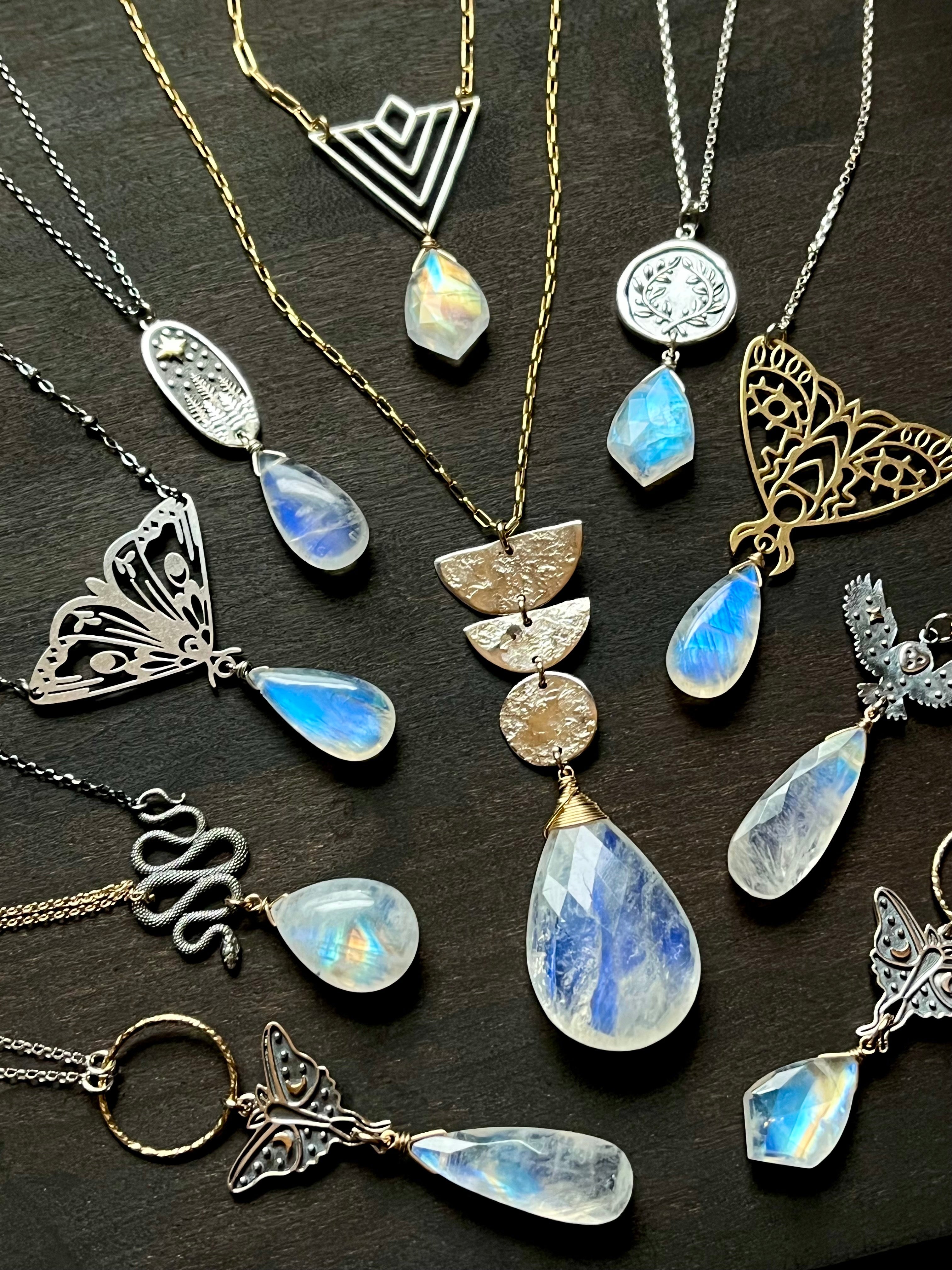 •GUIDE• rainbow moonstone + moth + mixed metal necklace (18"-20")