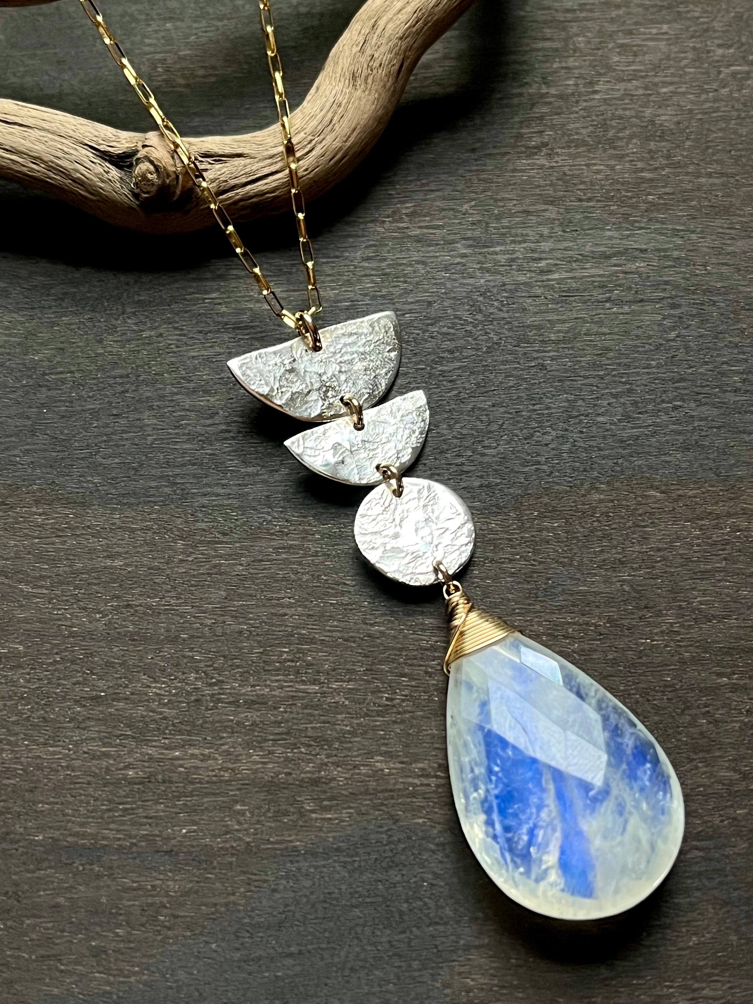 •NYX• rainbow moonstone + moon stack + mixed metal necklace (26"-28")